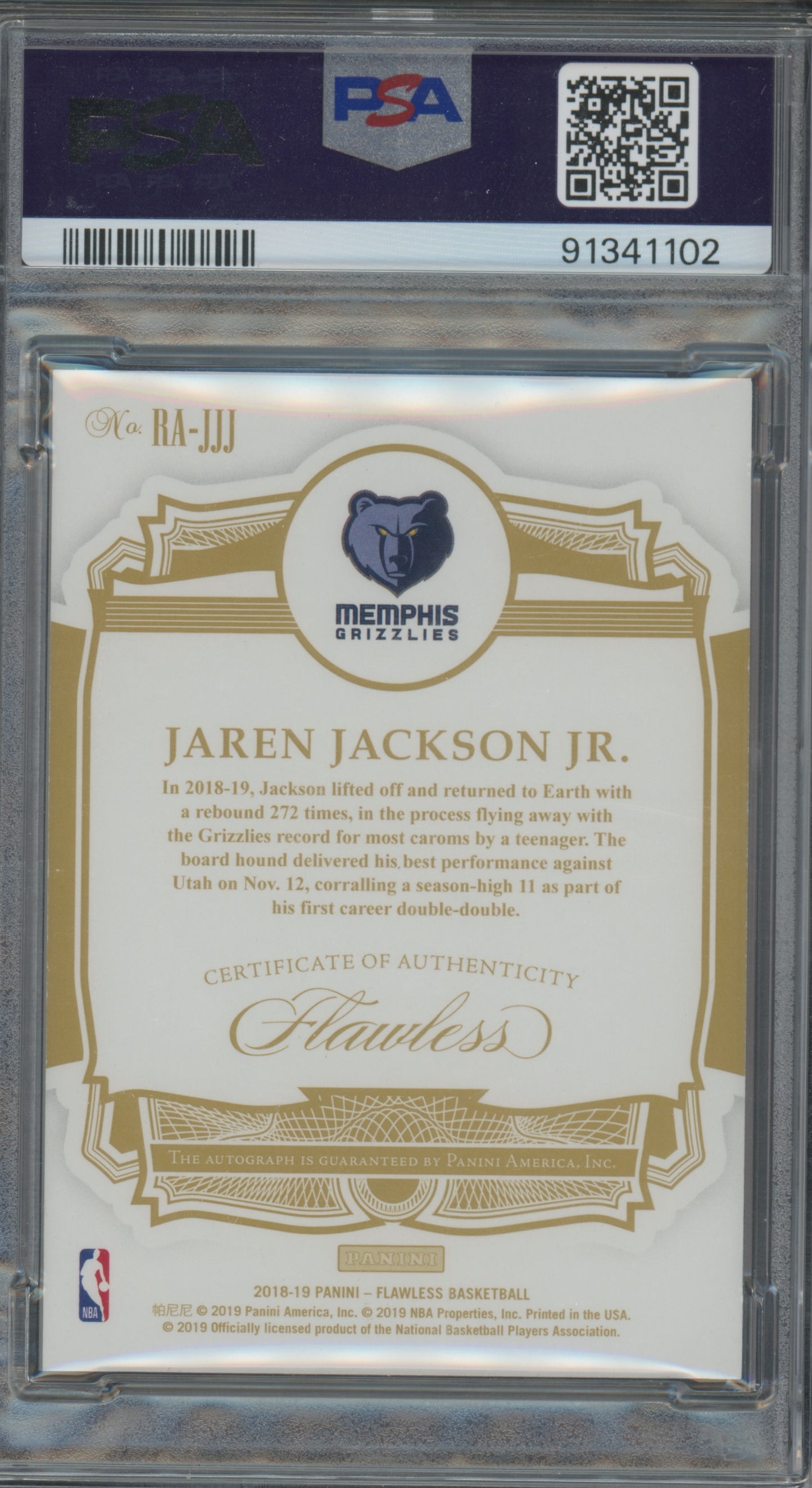 2018 Panini Flawless Rookie Autographs Jaren Jackson JR. #JJJ 11/25 PSA 10