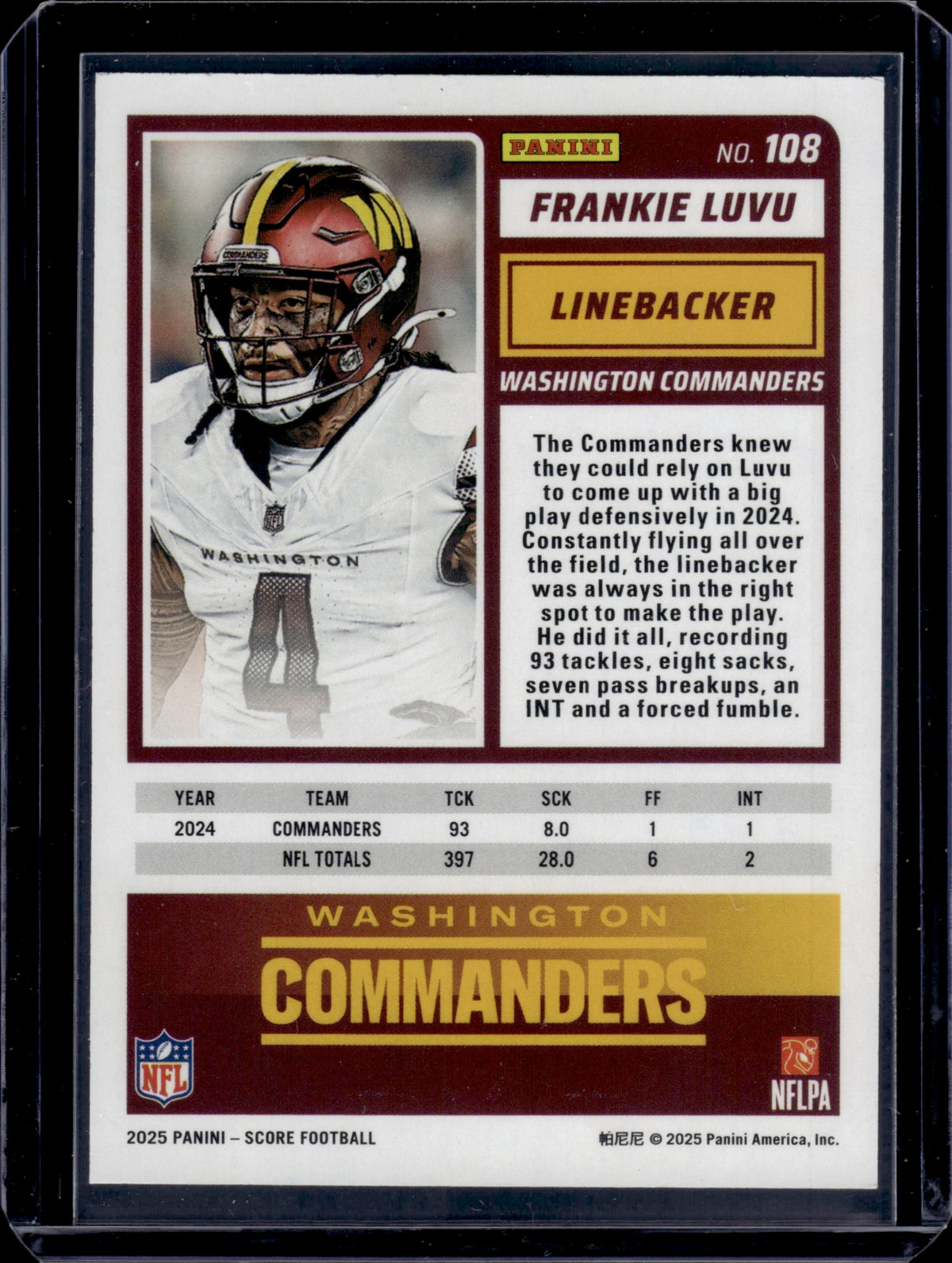 2025 Panini Score Red Zone Frankie Luvu #108 01/20