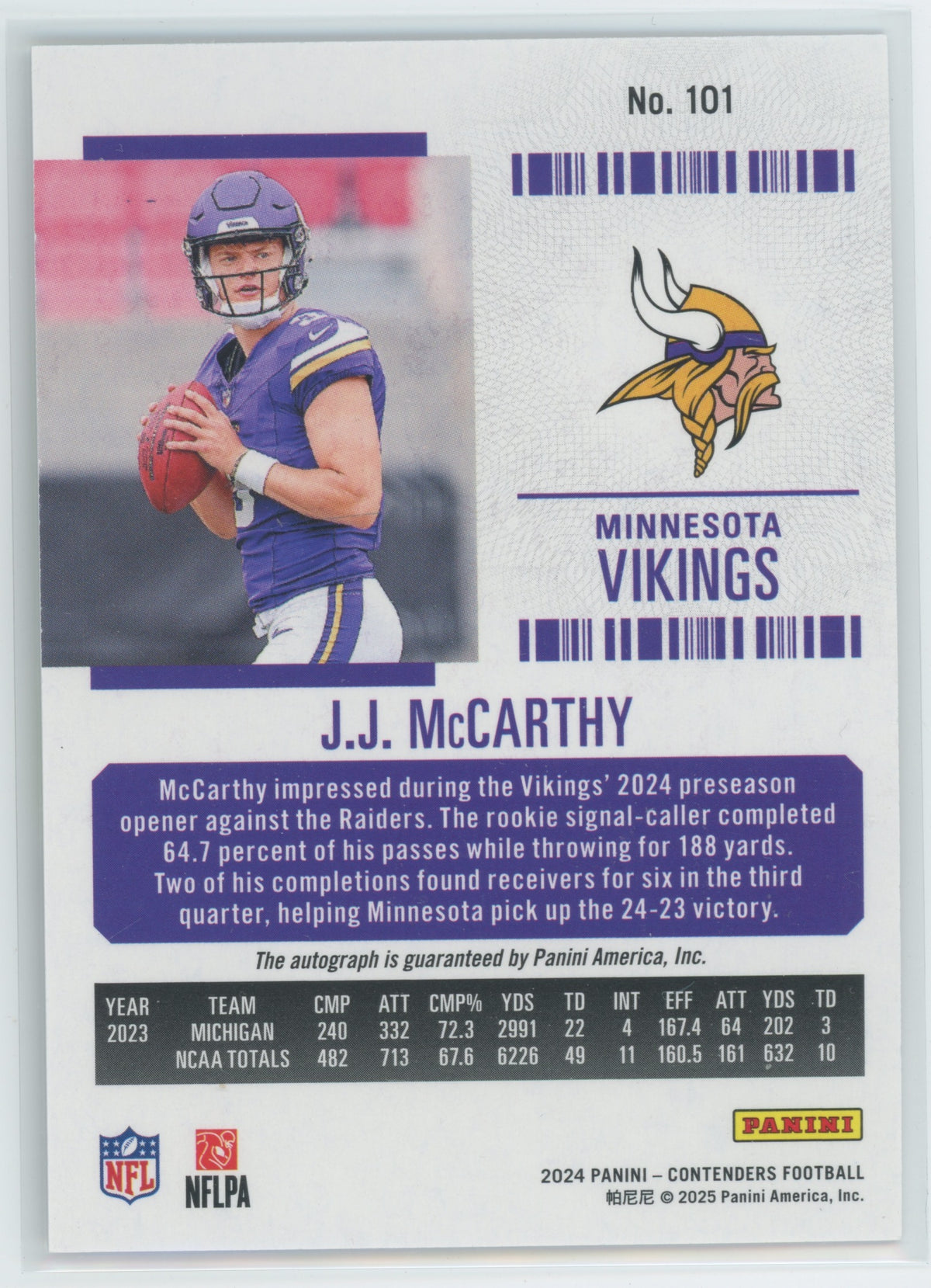 2024 Panini Contenders Football J.J. McCarthy #101 Playoff Ticket RC 043/149