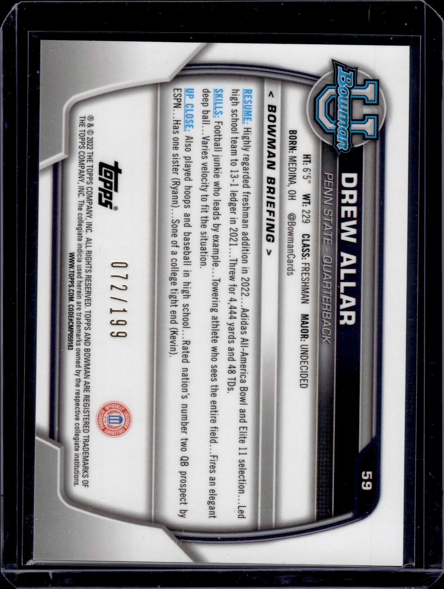 2022 Bowman Chrome University Drew Allar #59 Blue RayWave 1st Bowman 072/199