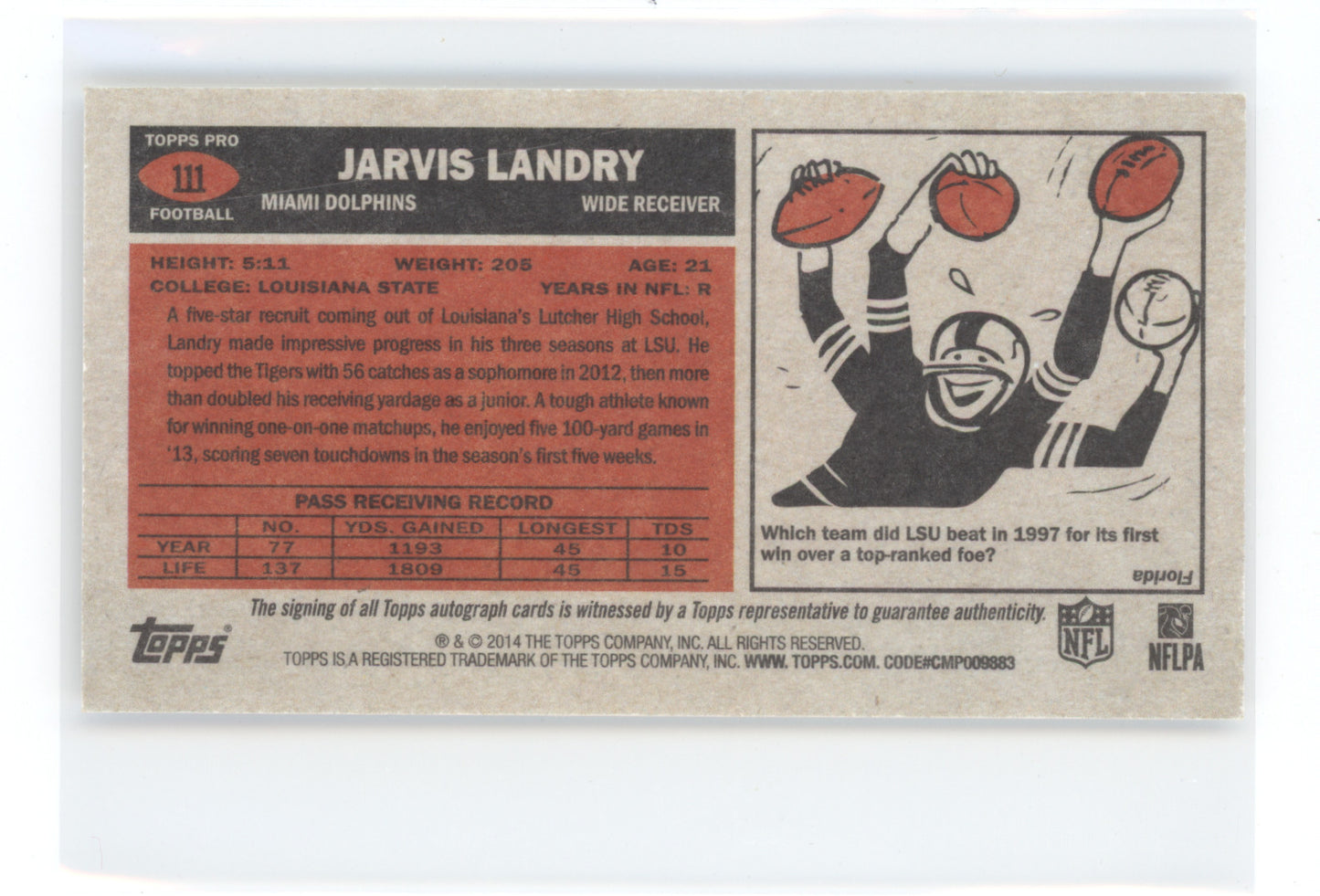 2014 Topps 1965 Tallboy Autographs Jarvis Landry #111 138/150