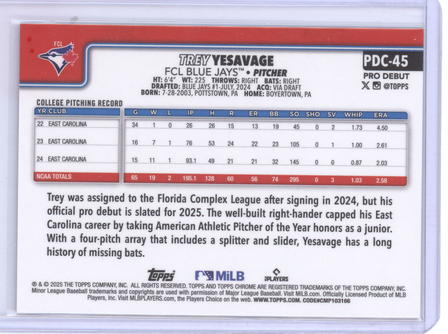 2025 Topps Chrome Pro Debut Trey Yesavage #PDC-45 Gold Refractor 17/50