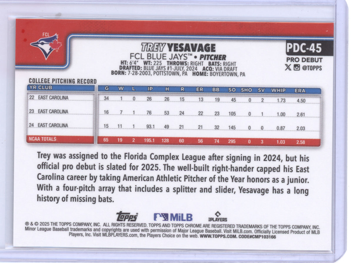 2025 Topps Chrome Pro Debut Trey Yesavage #PDC-45 Gold Refractor 17/50