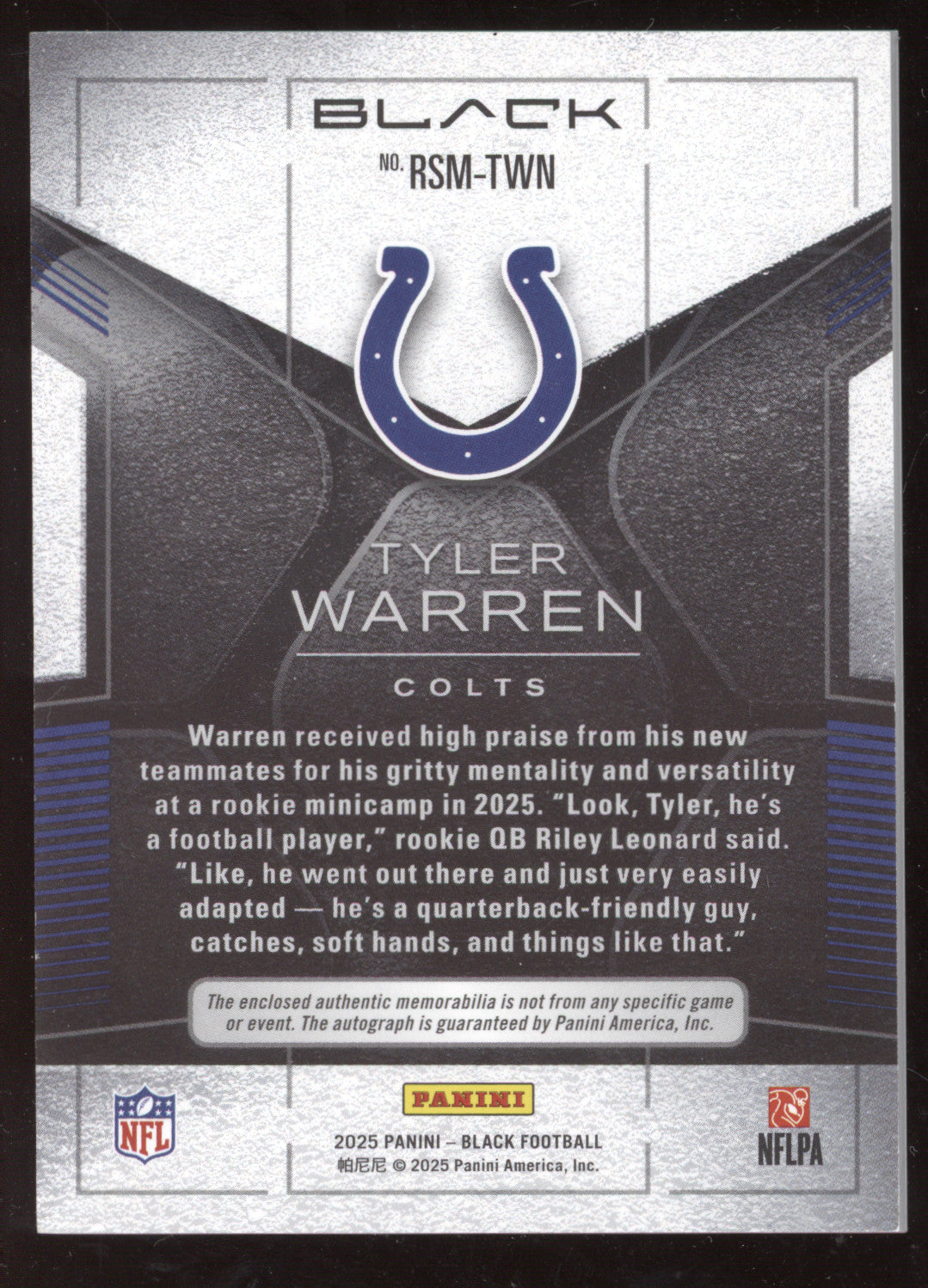 2025 Panini Black Football Tyler Warren #RSM-TWN 13/20 RC Memorabilia