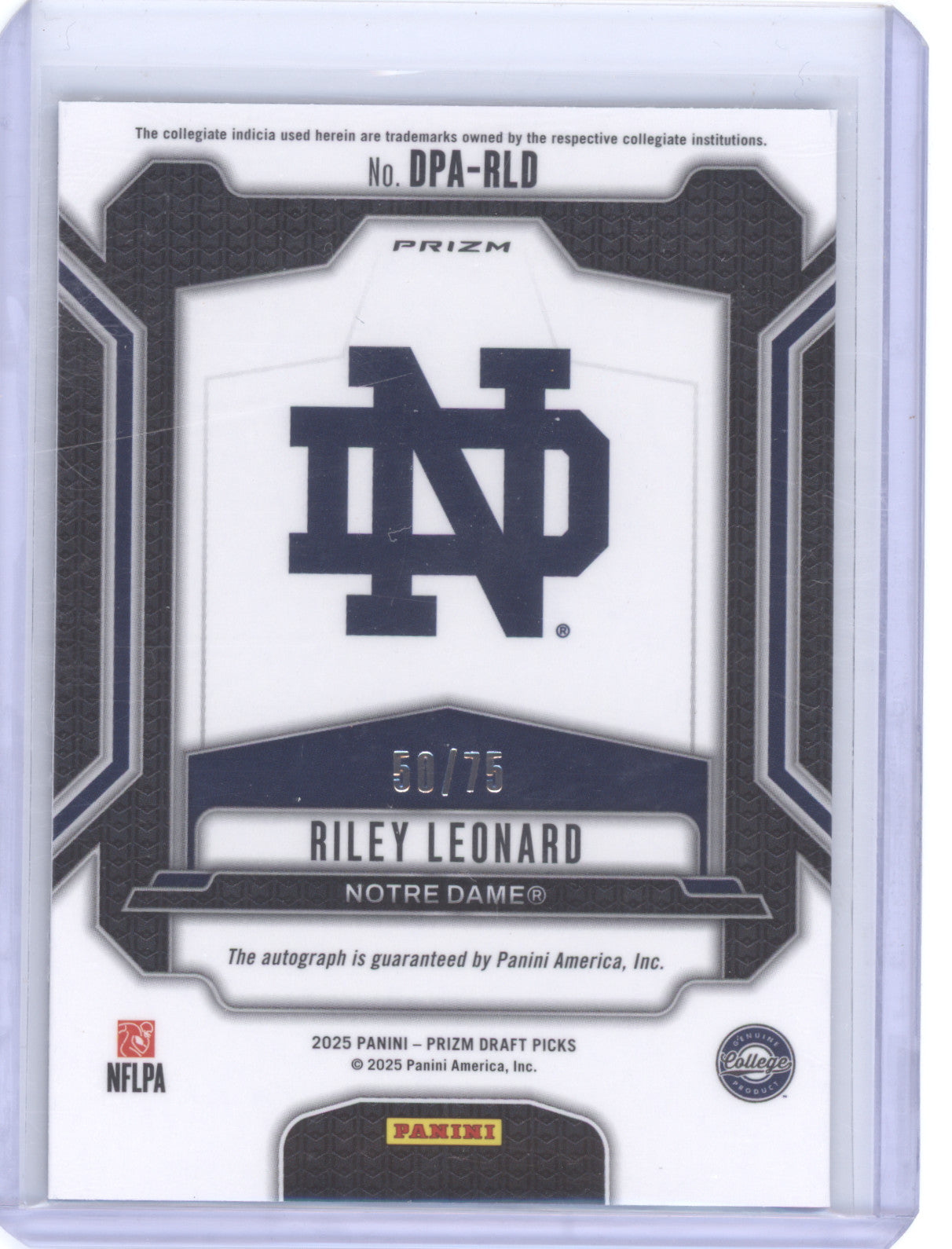 2025 Panini Prizm Draft Picks Riley Leonard #DPA-RLD Blue Autograph 50/75 RC