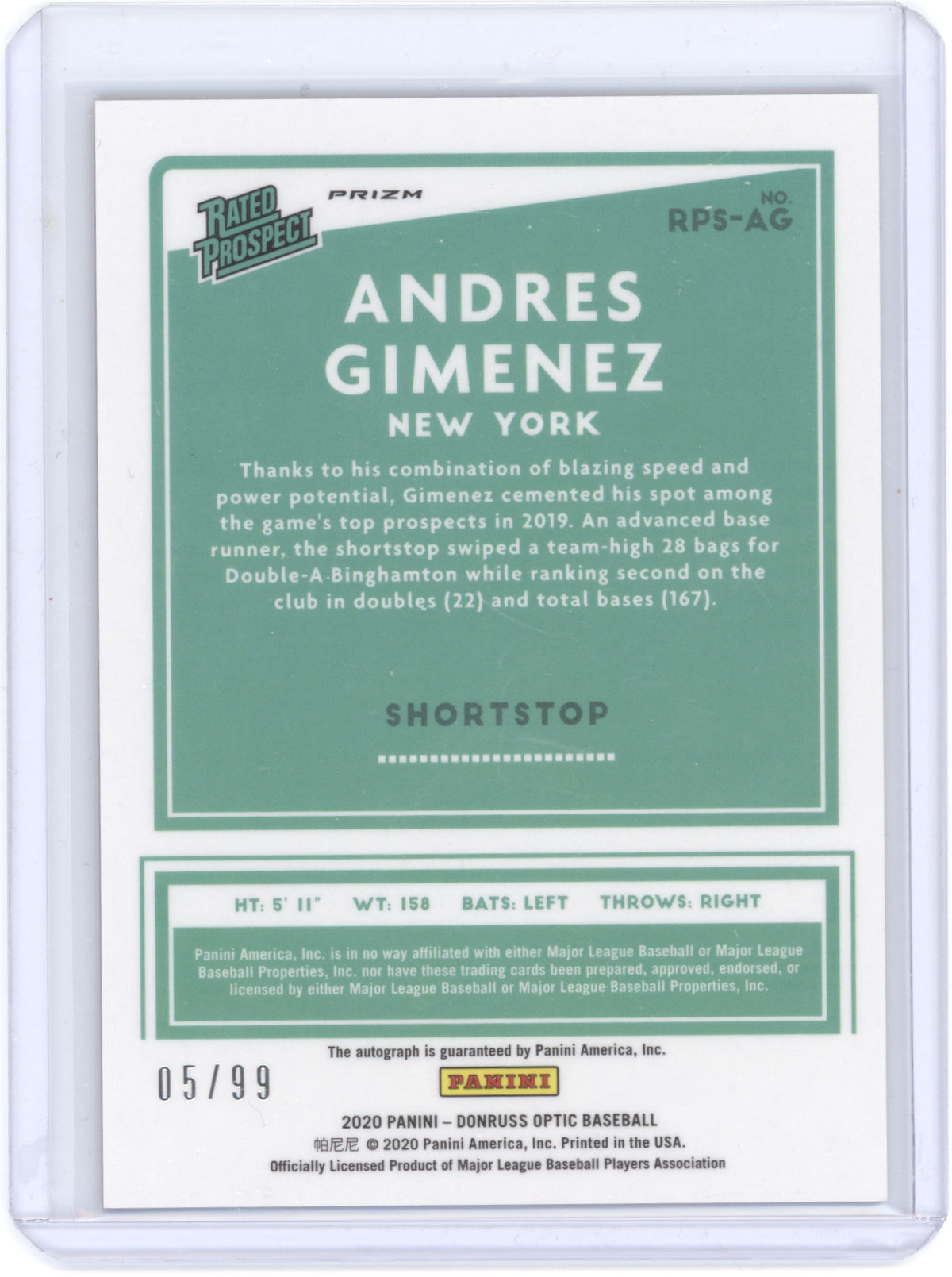 2020 Donruss Optic Rated Prospect Signature Andres Gimenez RPS-AG Red Mojo 95/99