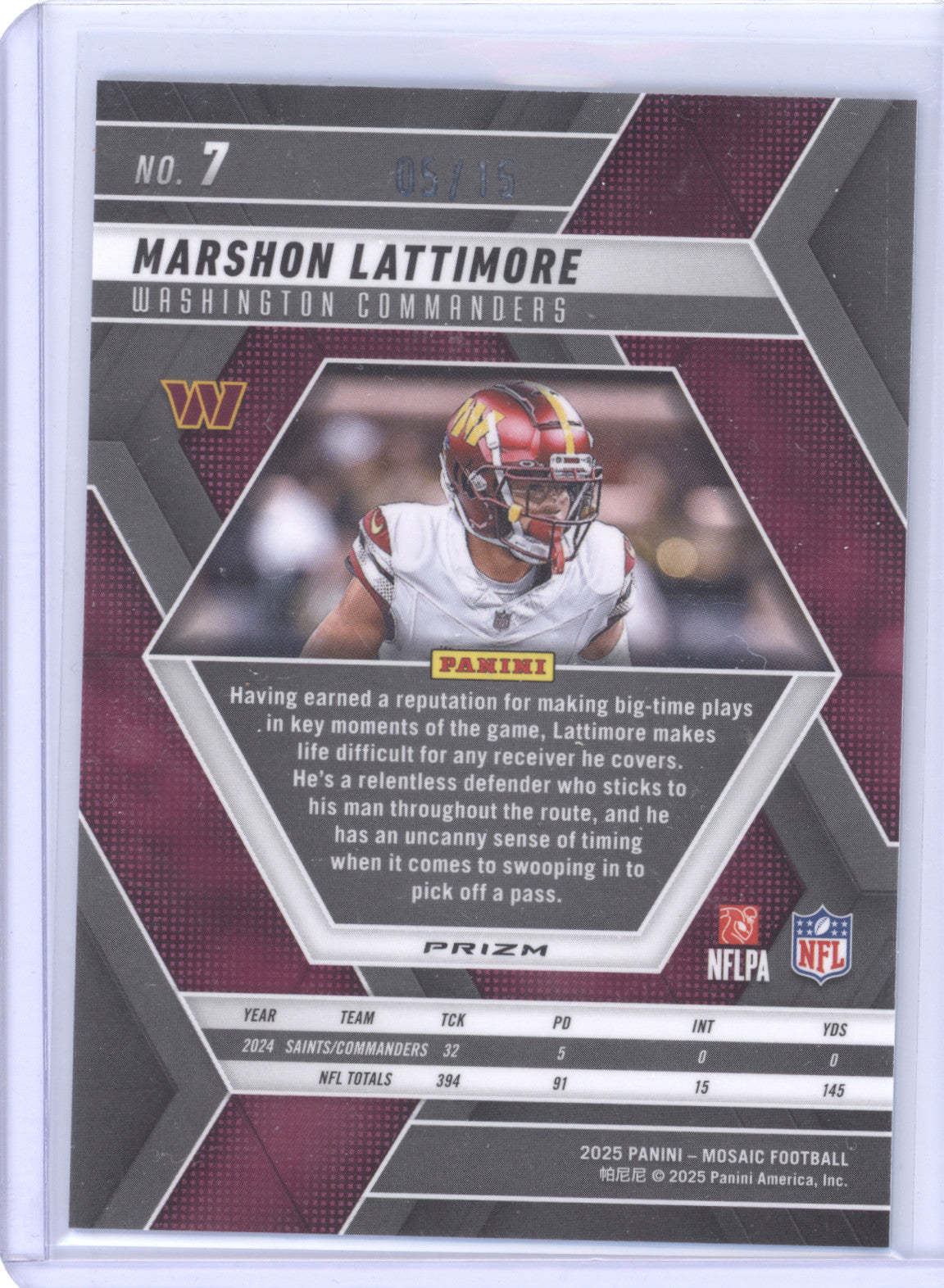 2025 Panini Mosaic Football Marshon Lattimore #7 Mosaic Blue 05/15