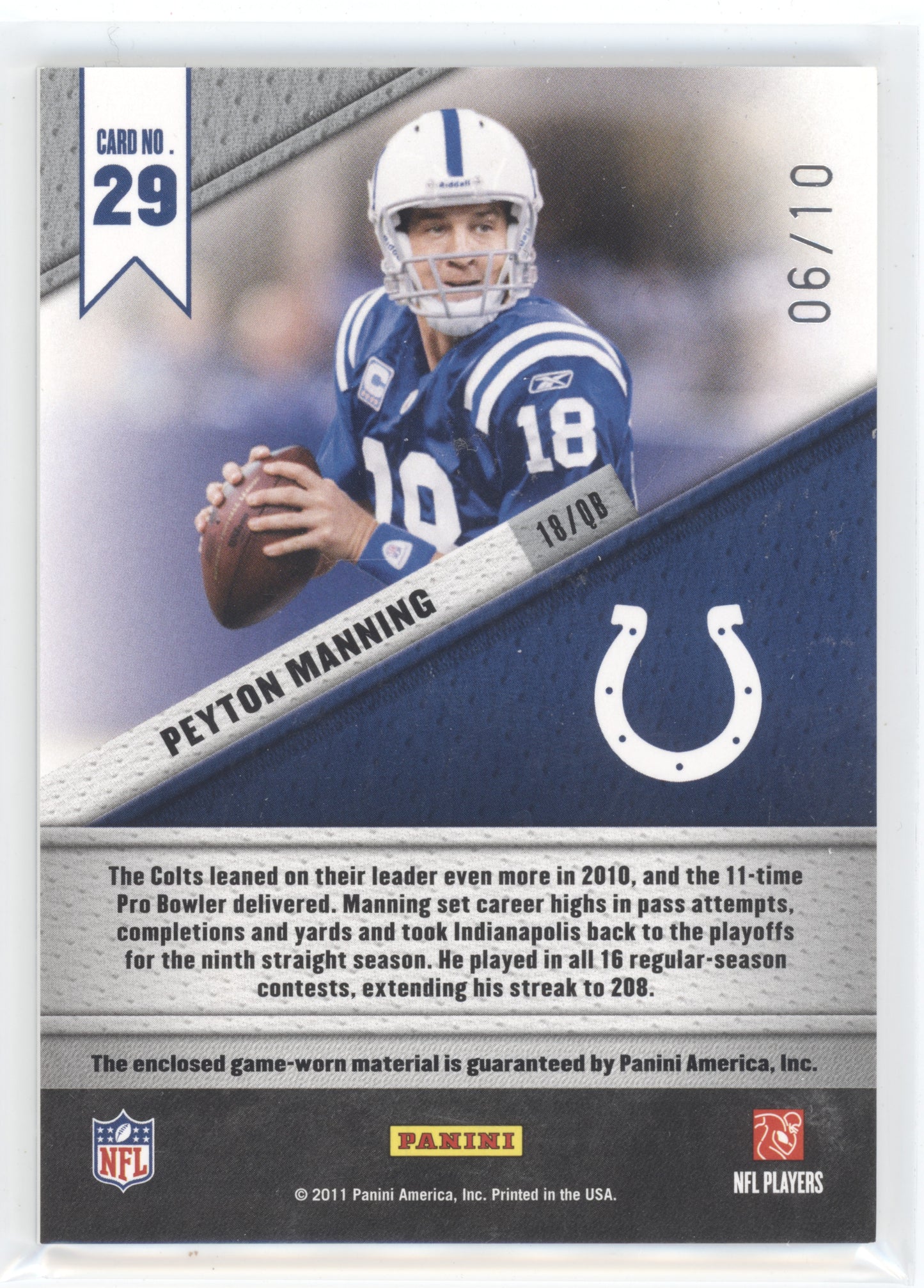 2011 Panini Certified Fabric of the Game Peyton Manning #29 Prime 06/10