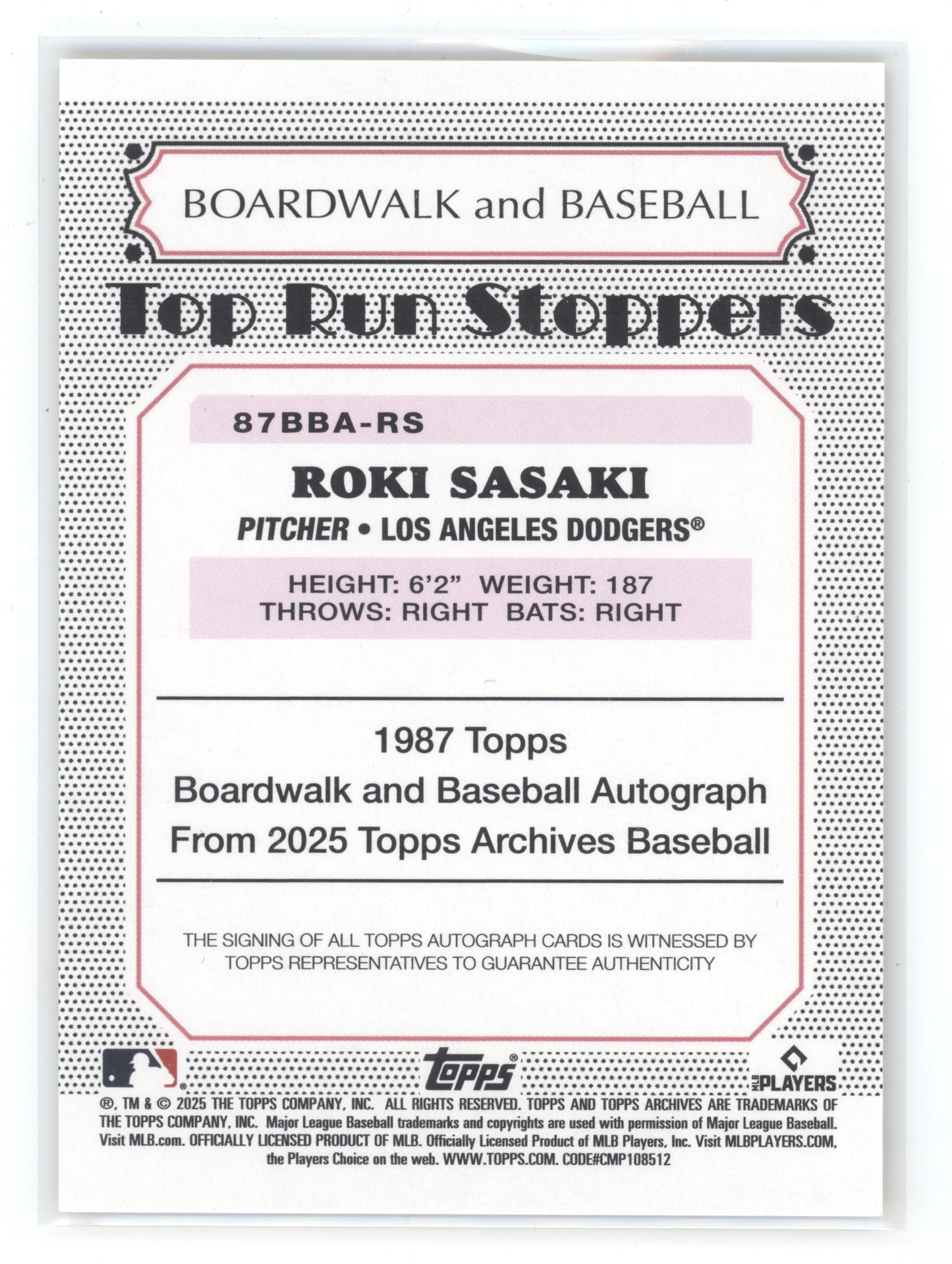 2025 Topps 1987 Boardwalk and Baseball Auto Roki Sasaki #87BBA-RS Gold RC 31/50