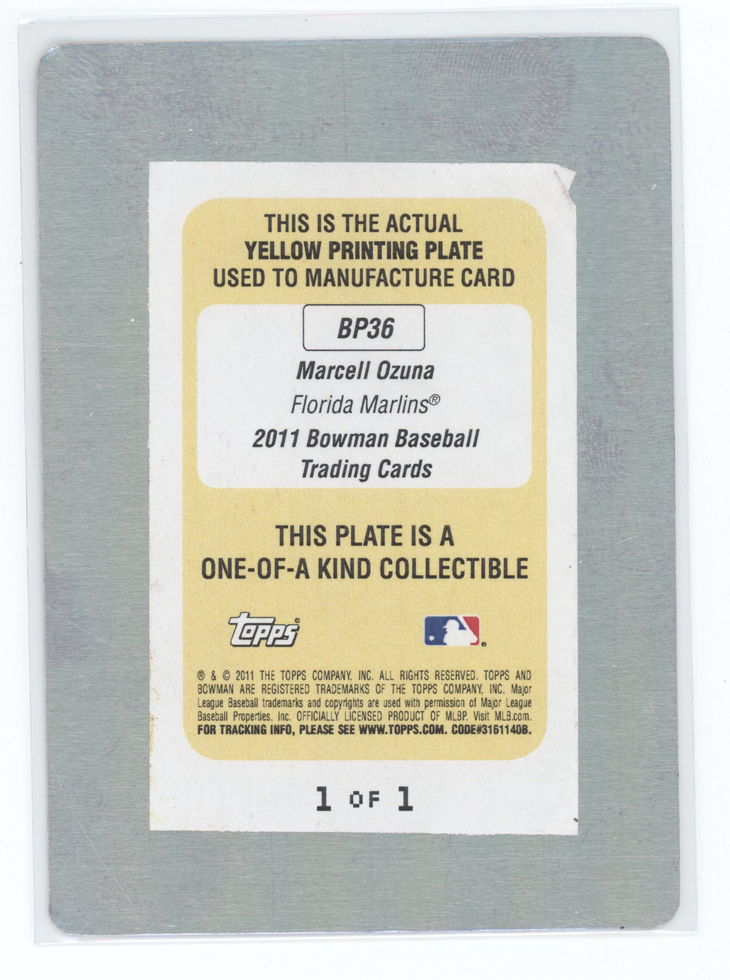 2011 Bowman Baseball Marcell Ozuna #BP36 Yellow Printing Plate 1 of 1