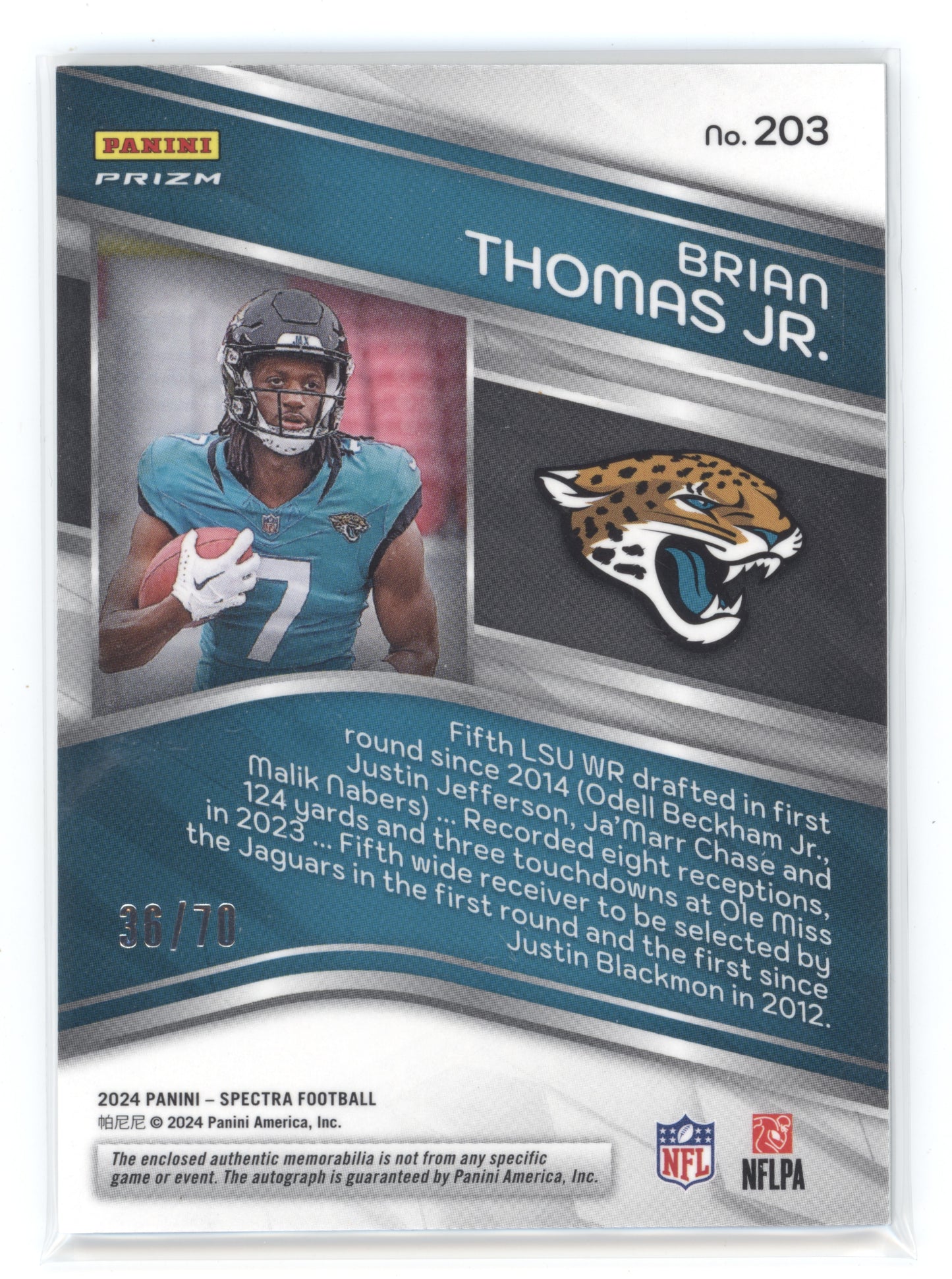2024 Panini Spectra Prizm Brian Thomas Jr. #203 Supernova Patch RC 36/70 Mem.