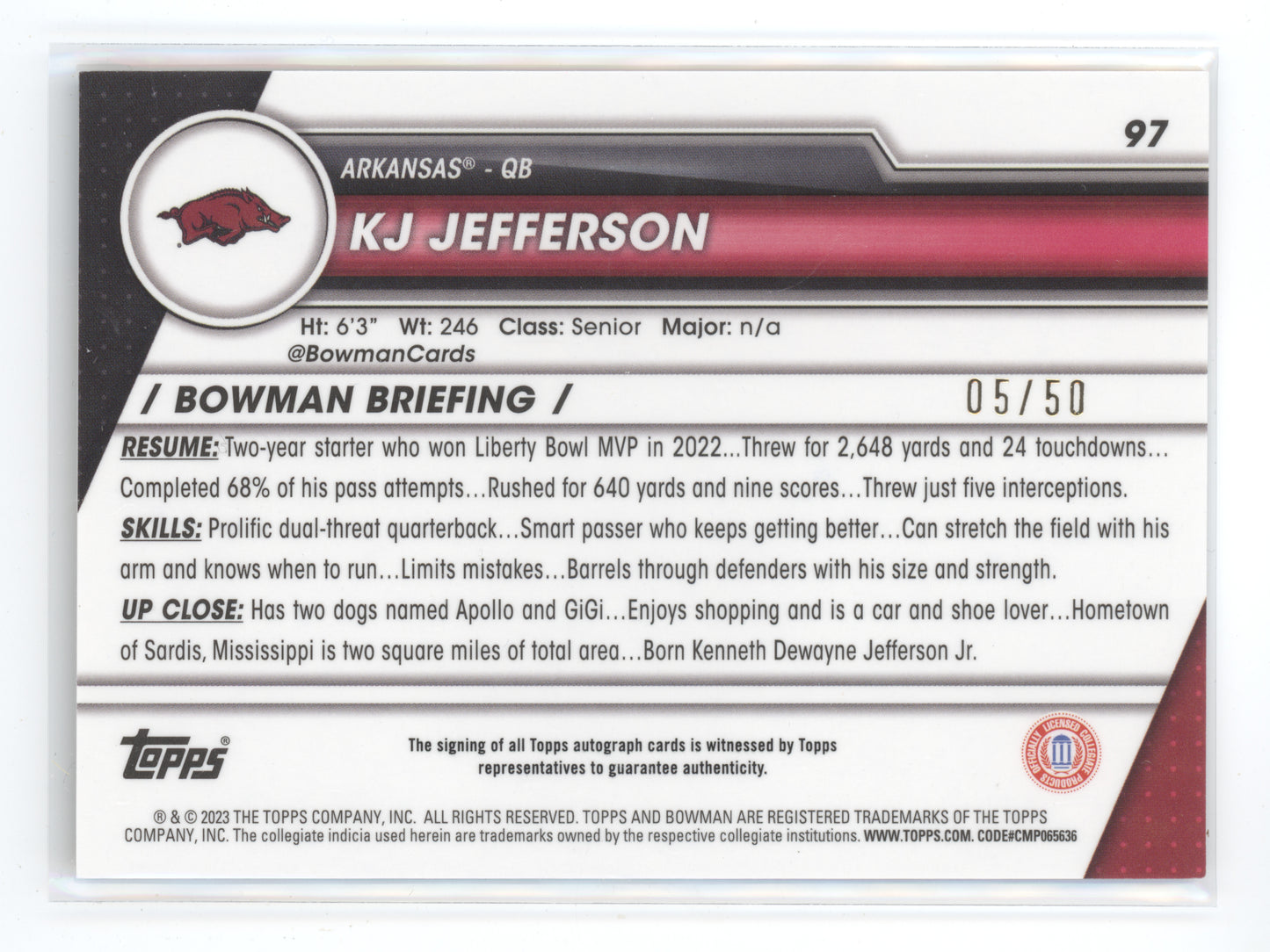 2023 Bowman Chrome University KJ Jefferson #97 Gold Autograph Refractor 05/50