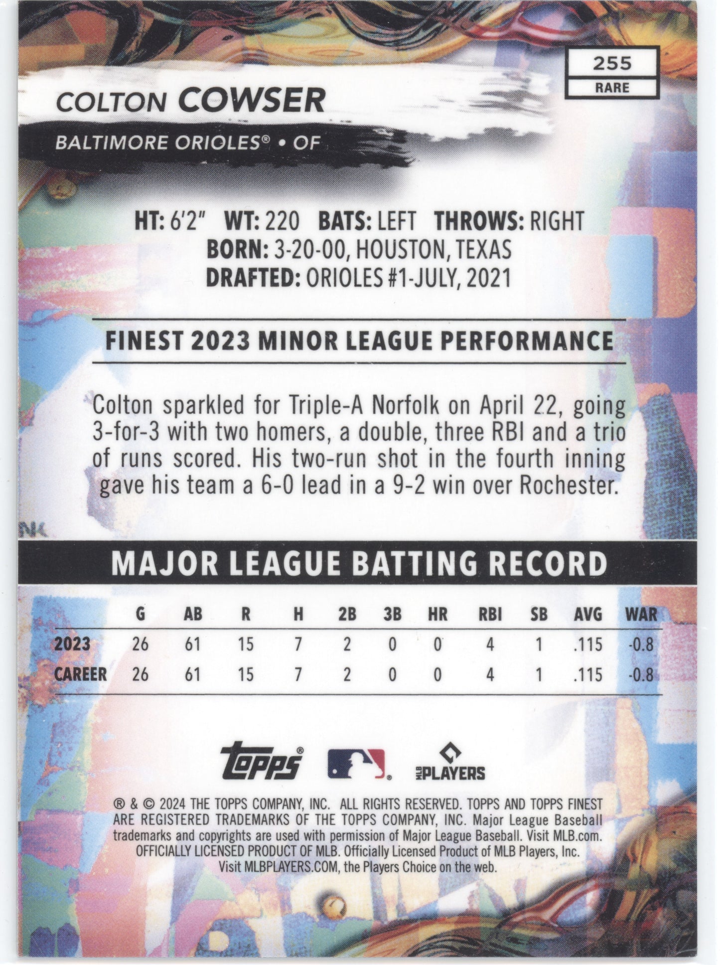 2024 Topps Finest Baseball Colton Cowser #255 Black Refractor 05/20 RC