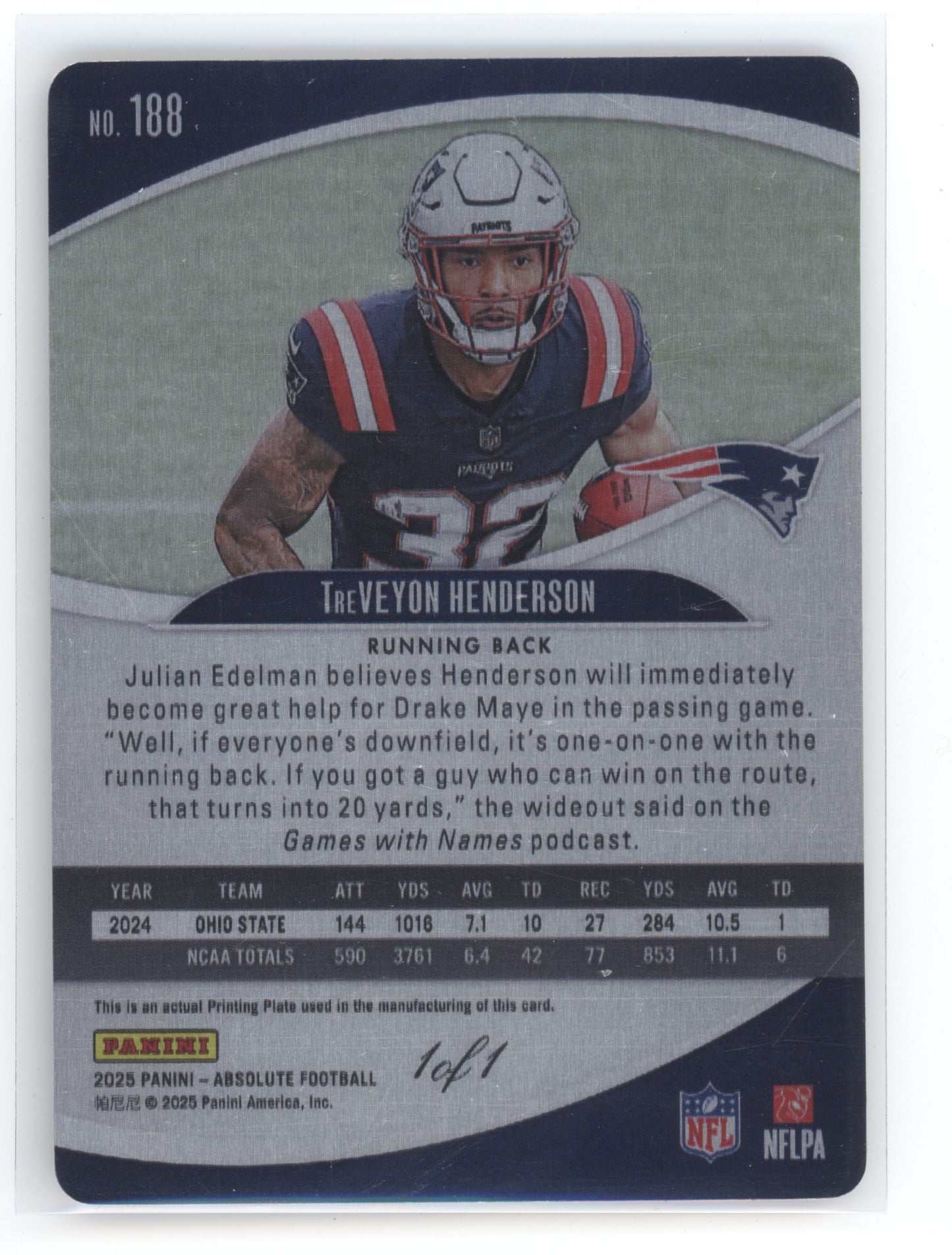 2025 Panini Absolute Football TreVeyon Henderson #188 Printing Plate 1 of 1 RC
