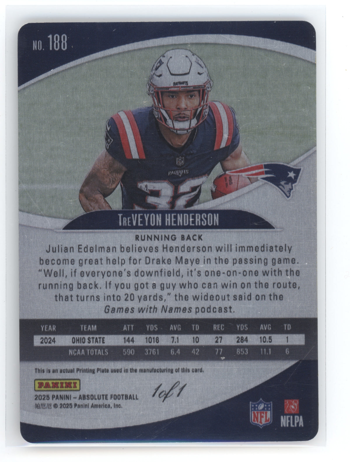 2025 Panini Absolute Football TreVeyon Henderson #188 Printing Plate 1 of 1 RC