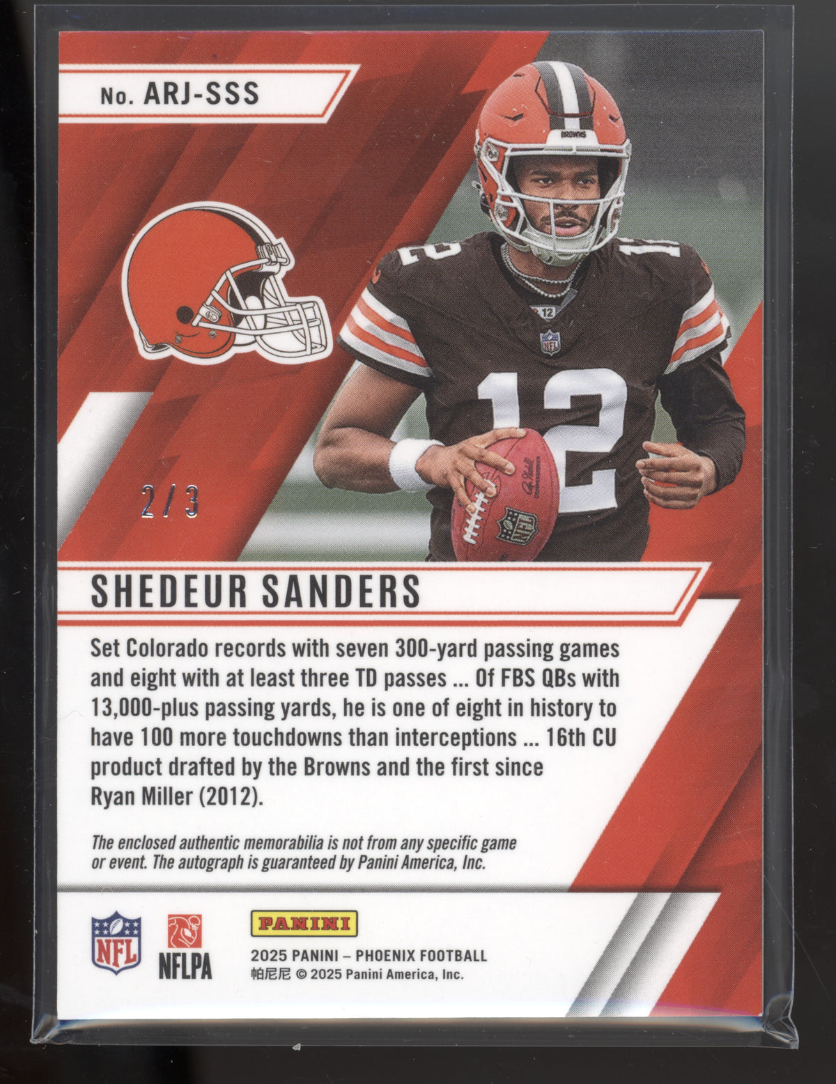 2025 Panini Phoenix Ascension Shedeur Sanders #ARJ-SSS Jersey Auto 2/3 RC