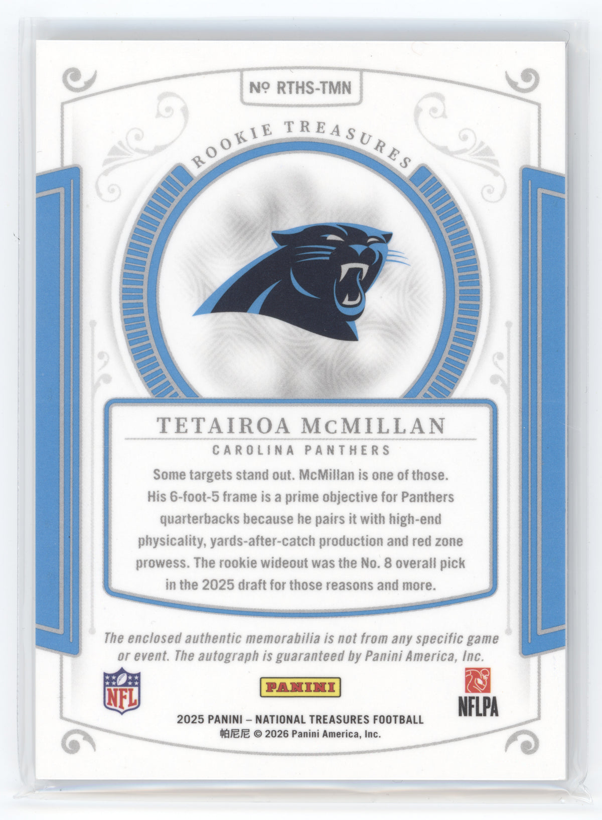 2025 National Treasures Tetairoa McMillan Rookie Treasures Patch Auto /25 RC