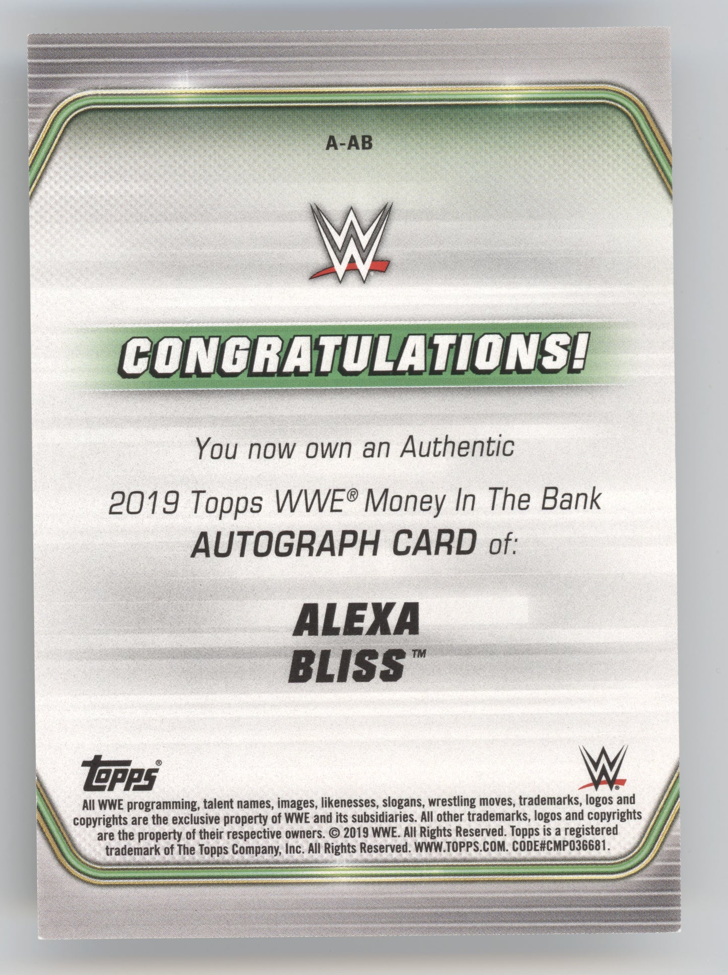 2019 Topps WWE Money In The Bank Alexa Bliss #A-AB Green Autograph 019/199