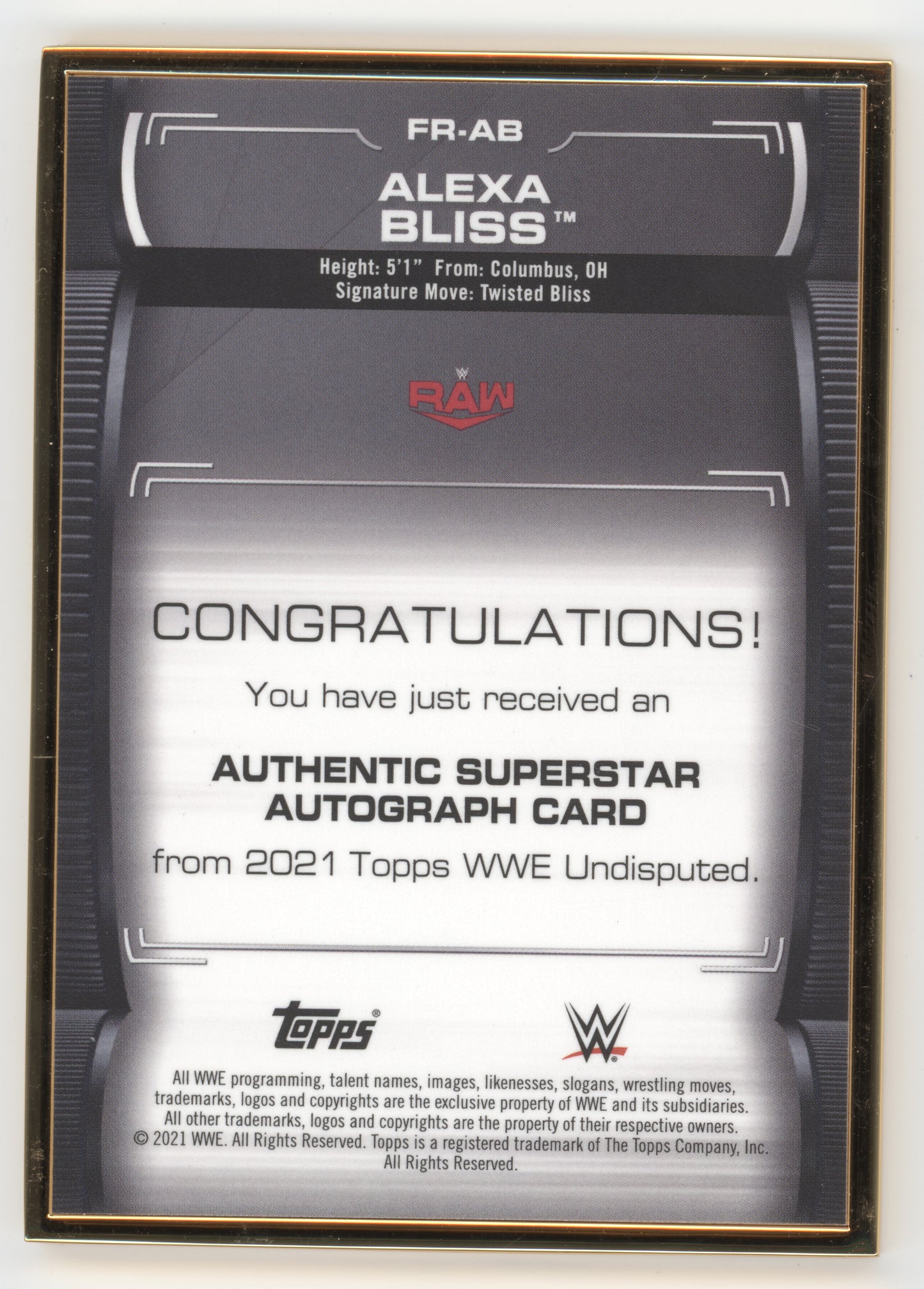 2021 Topps WWE Undisputed Alexa Bliss #FR-AB Gold Frame Autograph 069/150