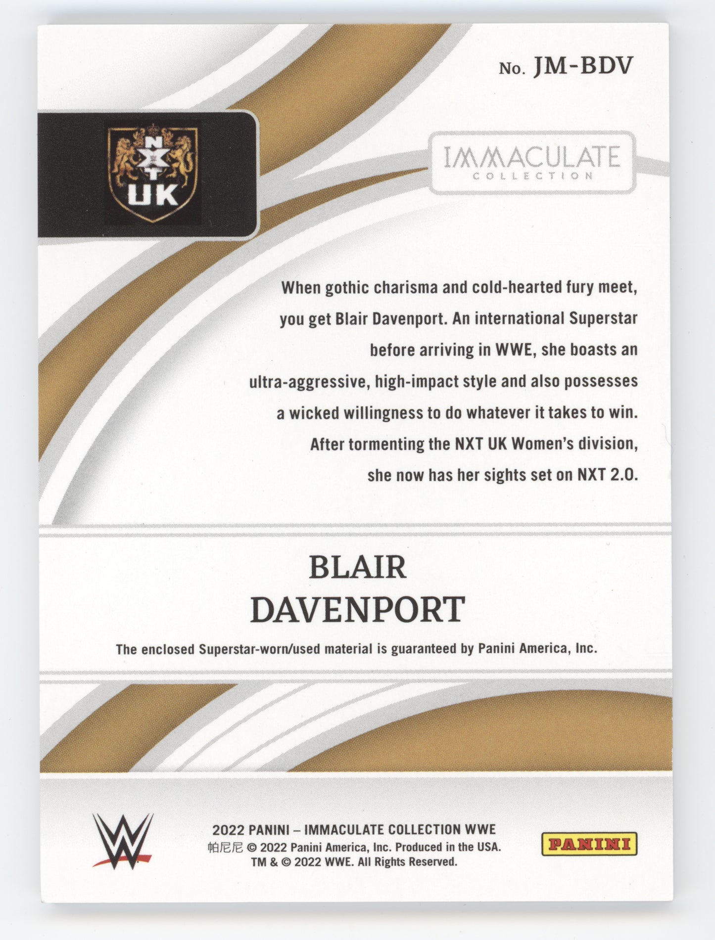 2022 Panini Immaculate Collection WWE Blair Davenport #JM-BDV Shirt 14/22 RC