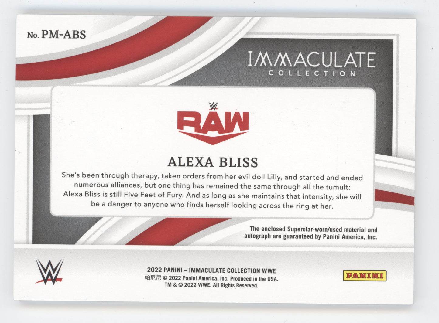 2022 Panini Immaculate Collection WWE Alexa Bliss #PM-ABS Patch Autograph 92/99