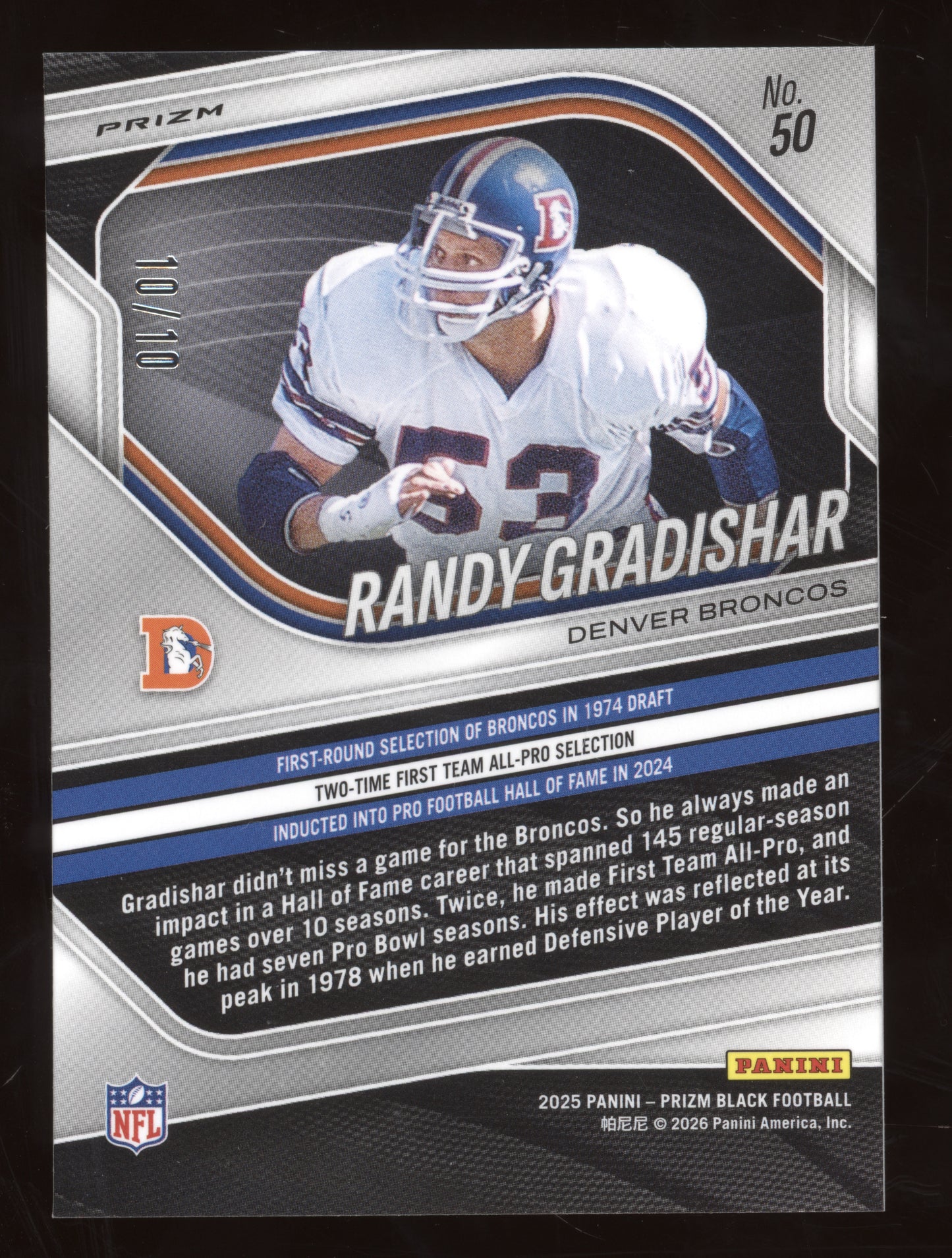 2025 Panini Prizm Black Football Randy Gradishar #50 Gold Shimmer 10/10
