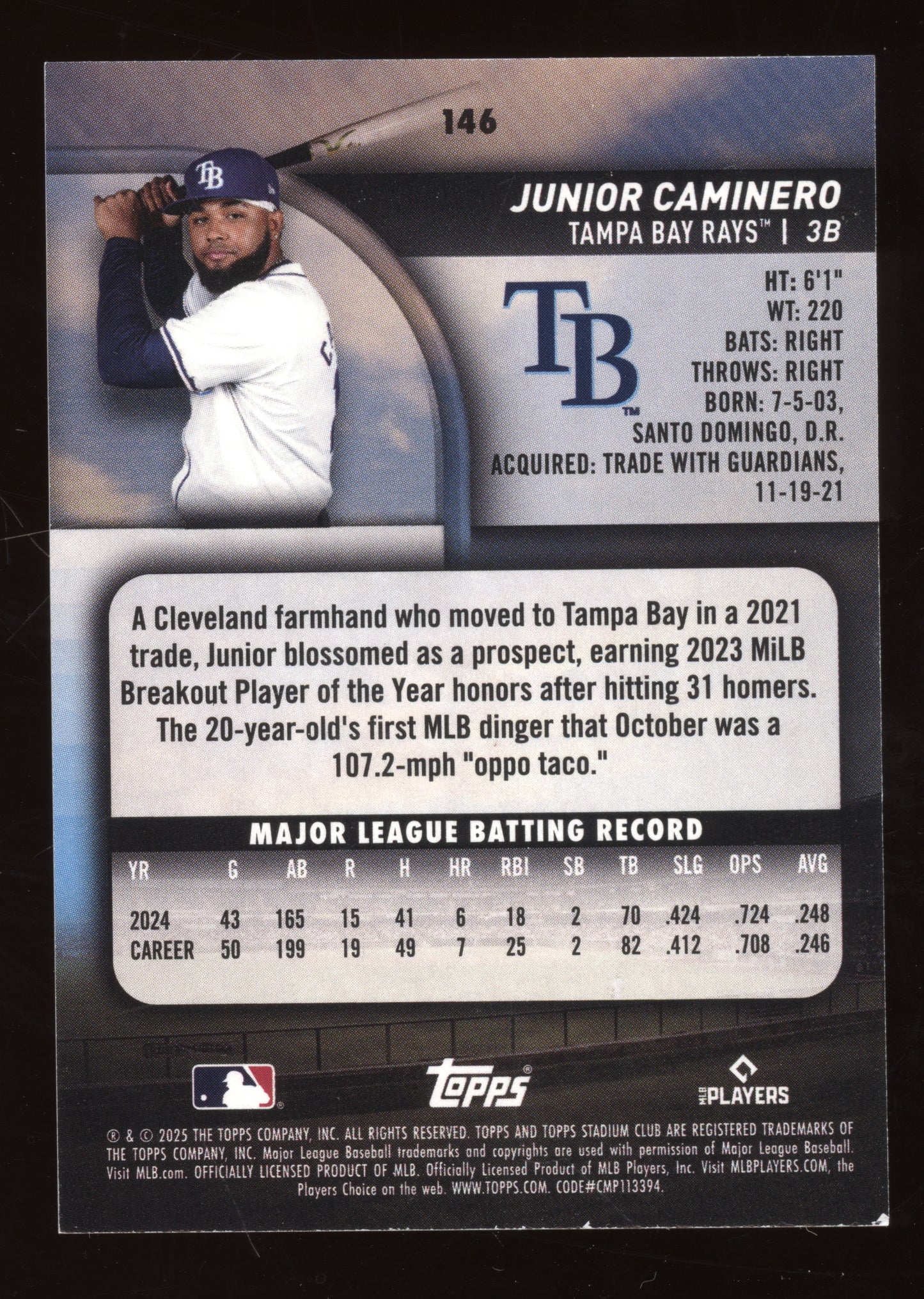 2025 Topps Stadium Club Baseball Junior Caminero #146 Members Only