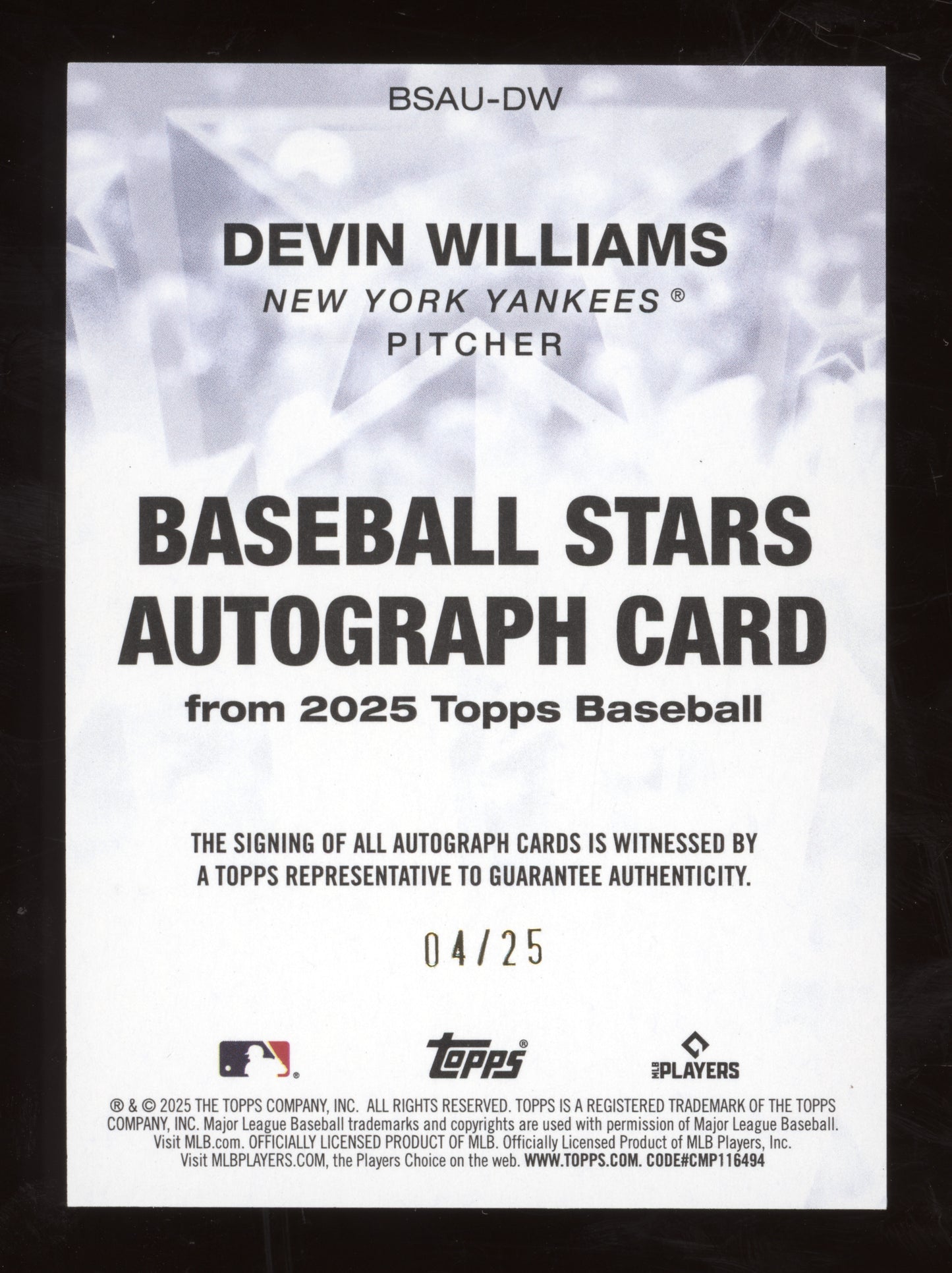 2025 Topps Baseball Stars Autograph Devin Williams #BSAU-DW Orange 04/25
