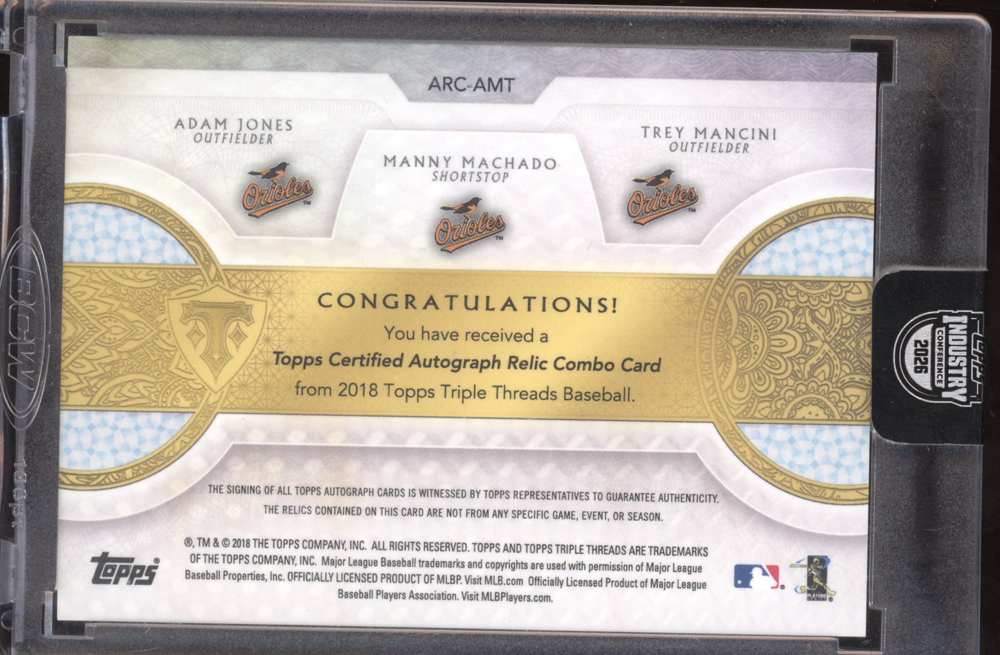 2018 Topps Triple Thread Machado/Jones/Mancini Auto Relic Combo Card 17/18 Green