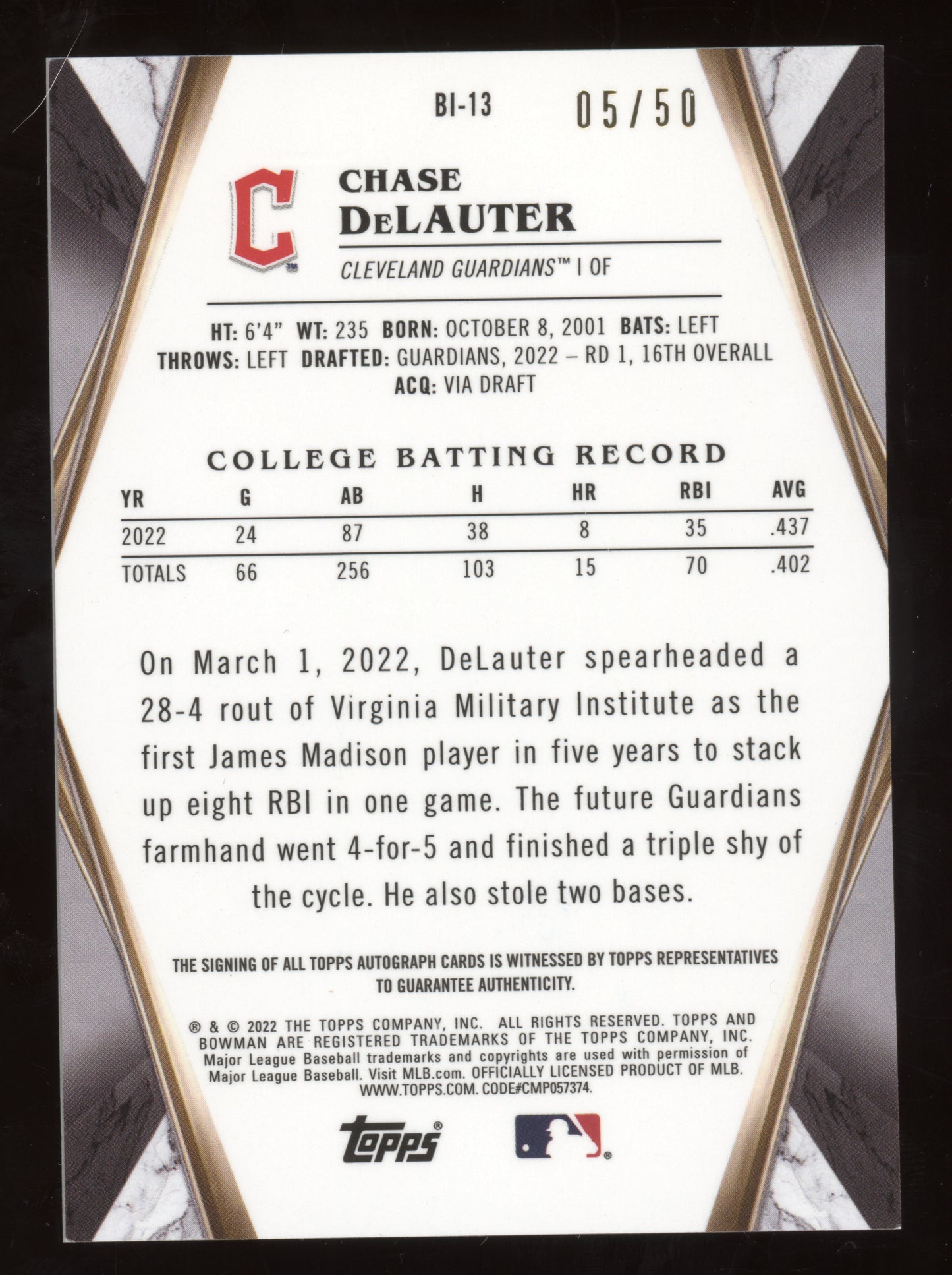 2022 Bowman Draft Invicta Chase DeLauter #BI-13 Autograph Gold Atomic 05/50