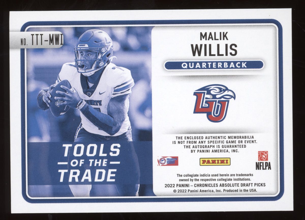 2022 Panini Absolute Tools of the Trade Malik Willis #TTT-MWI Triple Patch Auto