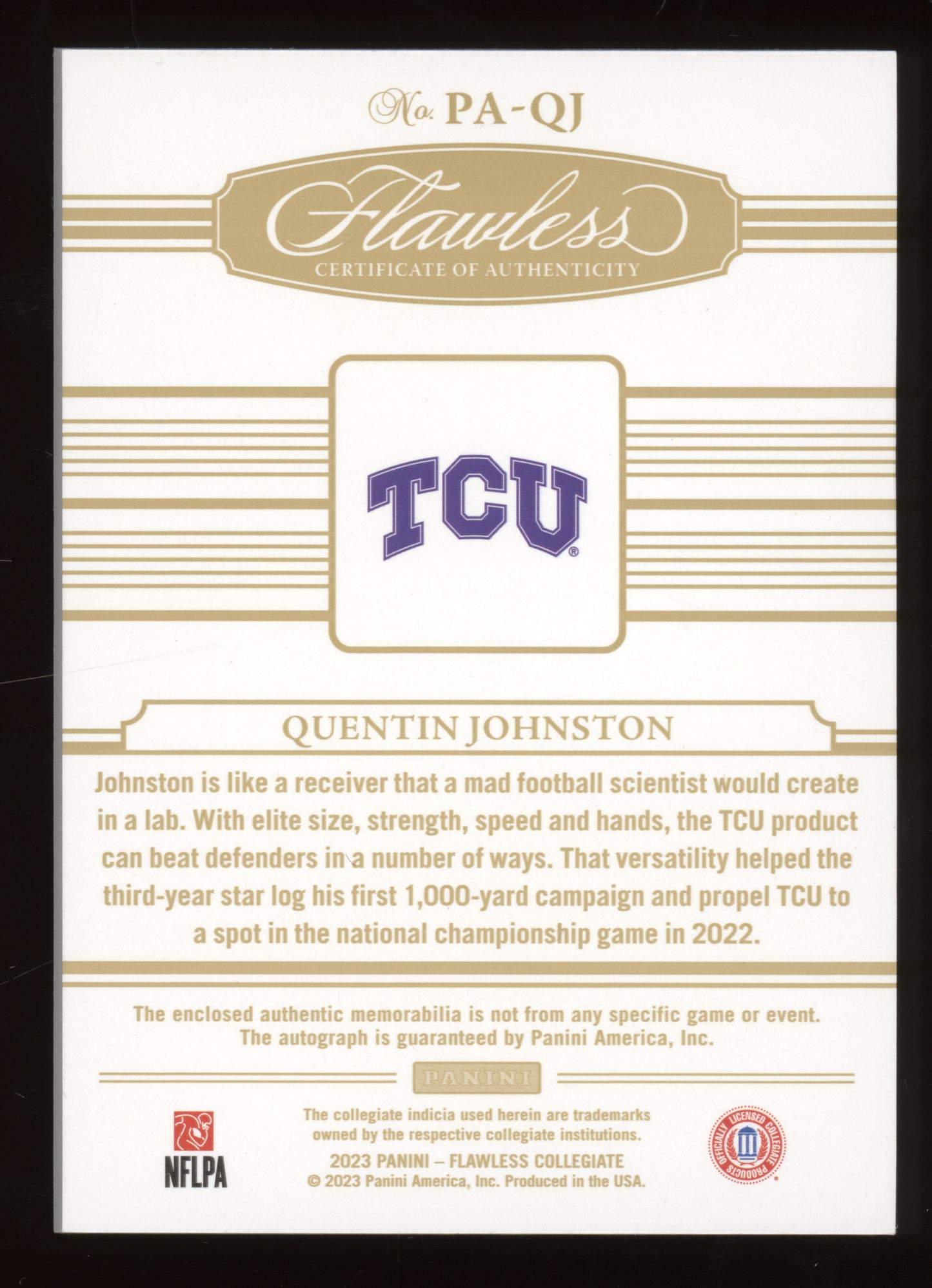 2023 Panini Flawless Collegiate Quentin Johnston #PA-QJ Patch Autograph 18/20