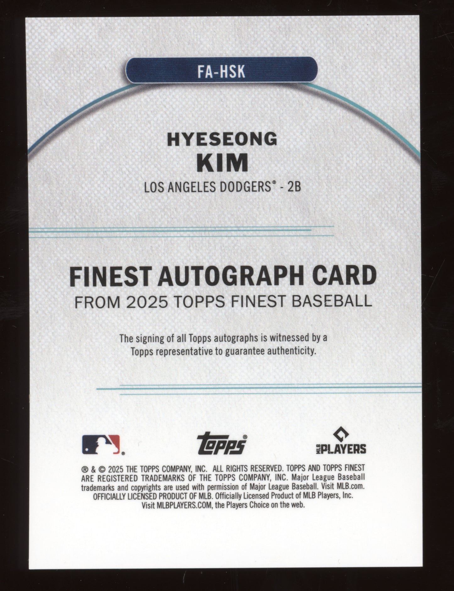 2025 Topps Finest Autograph Card Hyeseong Kim #FAHSK Purple Refractor RC 005/125