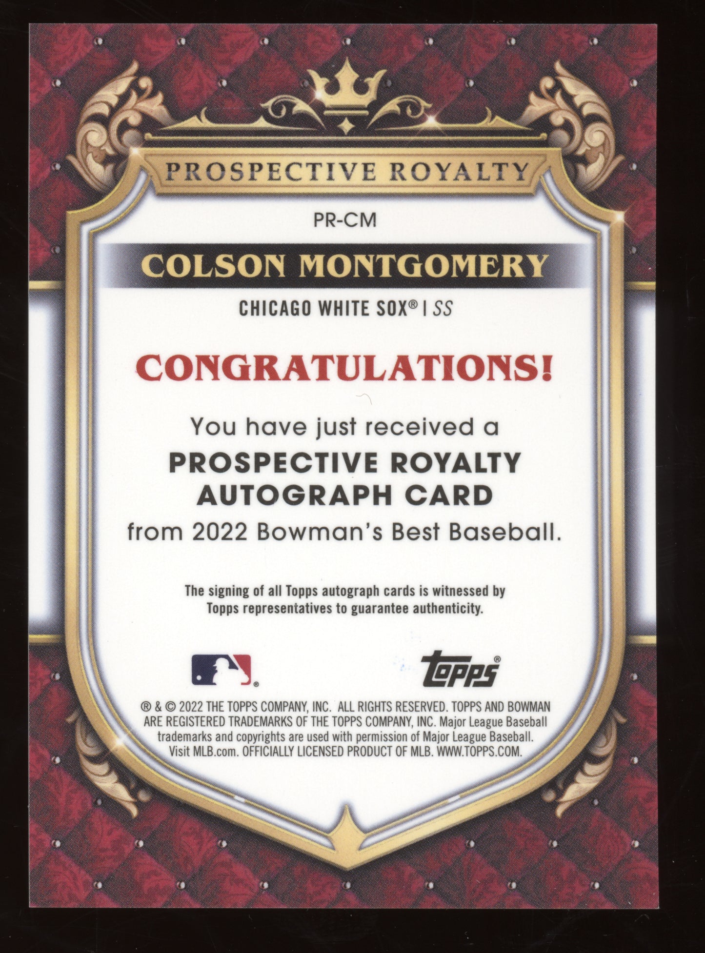 2022 Bowman's Best Prospective Royalty Autograph Card Colson Montgomery 072/250