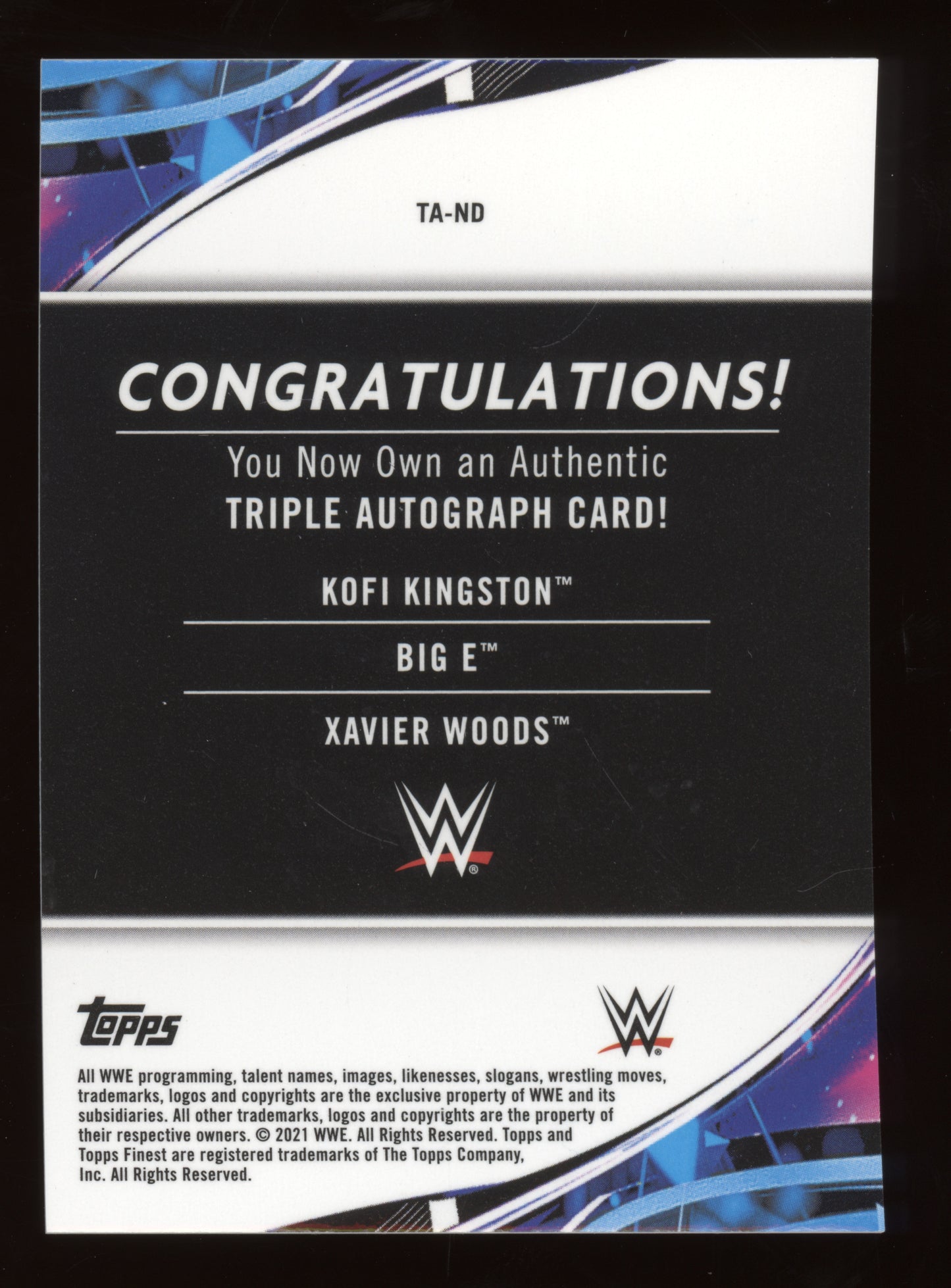 2021 Topps Finest WWE Kofi Kingston Big E Xavier Woods #TA-ND Triple Autograph