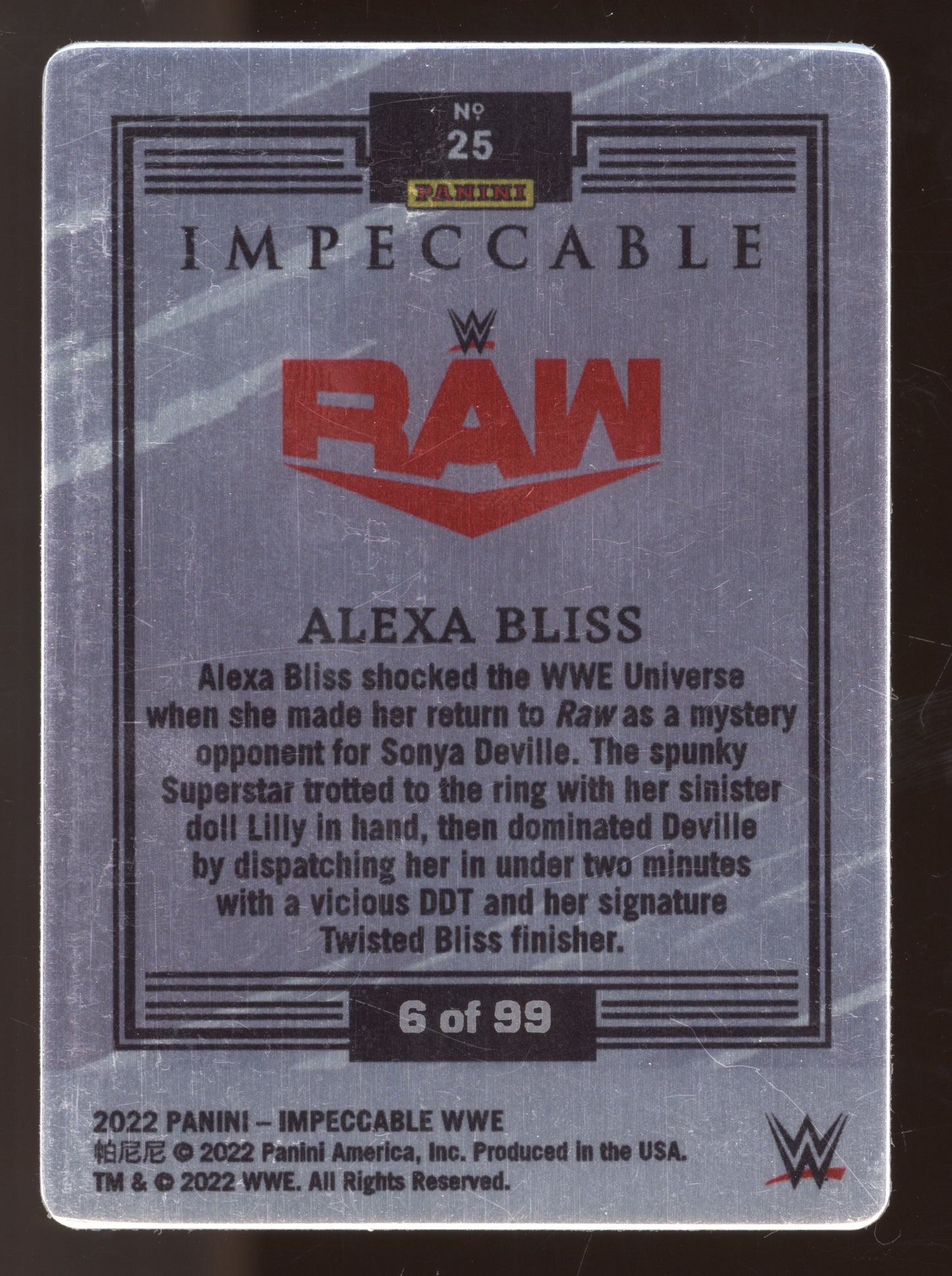 2022 Panini Impeccable WWE Stainless Stars Alexa Bliss #25 protective cover 6/99