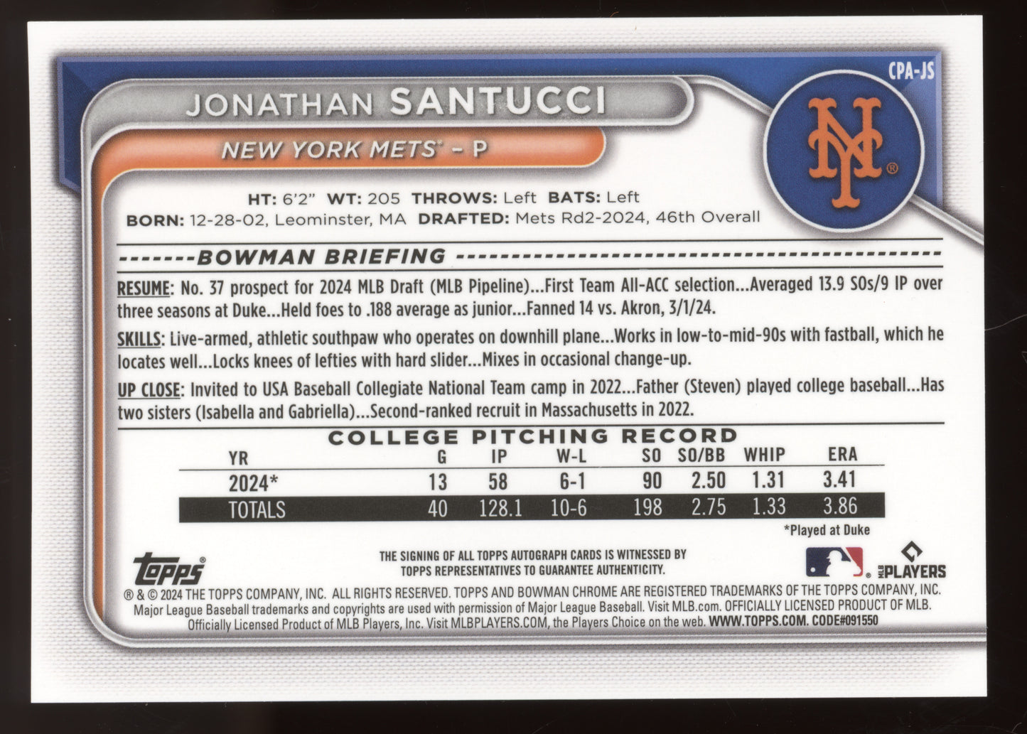 2024 Bowman Chrome Prospect Autograph Jonathan Santucci #CPA-JS