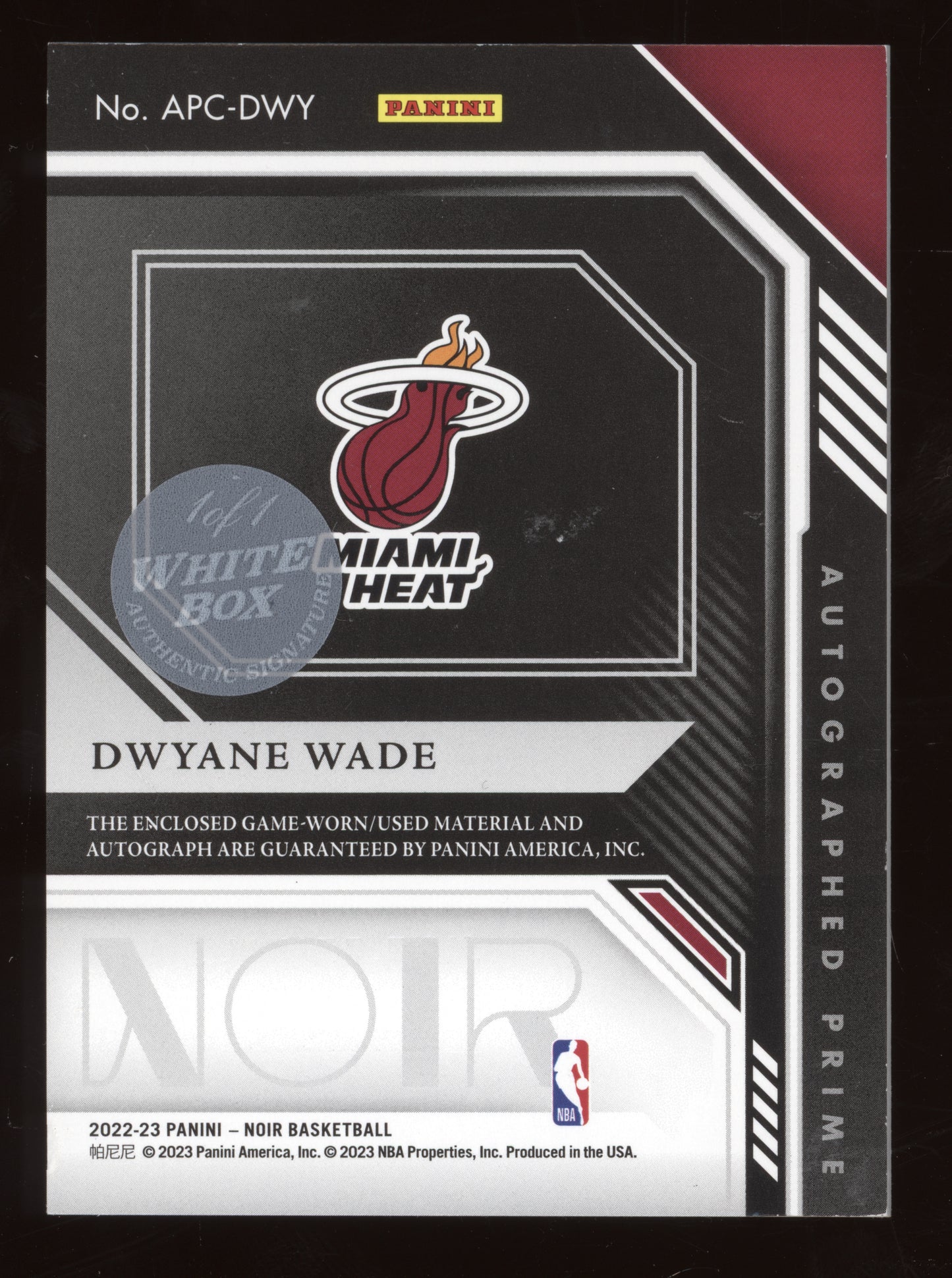 2022 Panini Noir Dwyane Wade #APC-DWY White Box 1 of 1 Autographed Prime