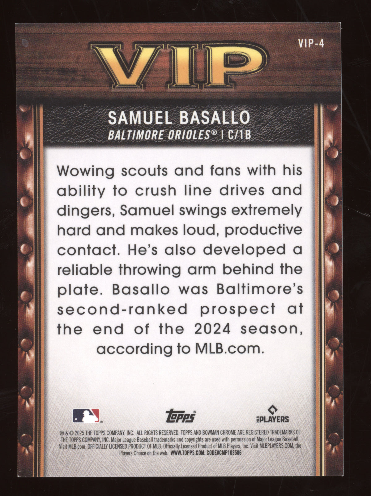 2025 Bowman Chrome Very Important Prospects Samuel Basallo #VIP4 Gold Mojo 16/50