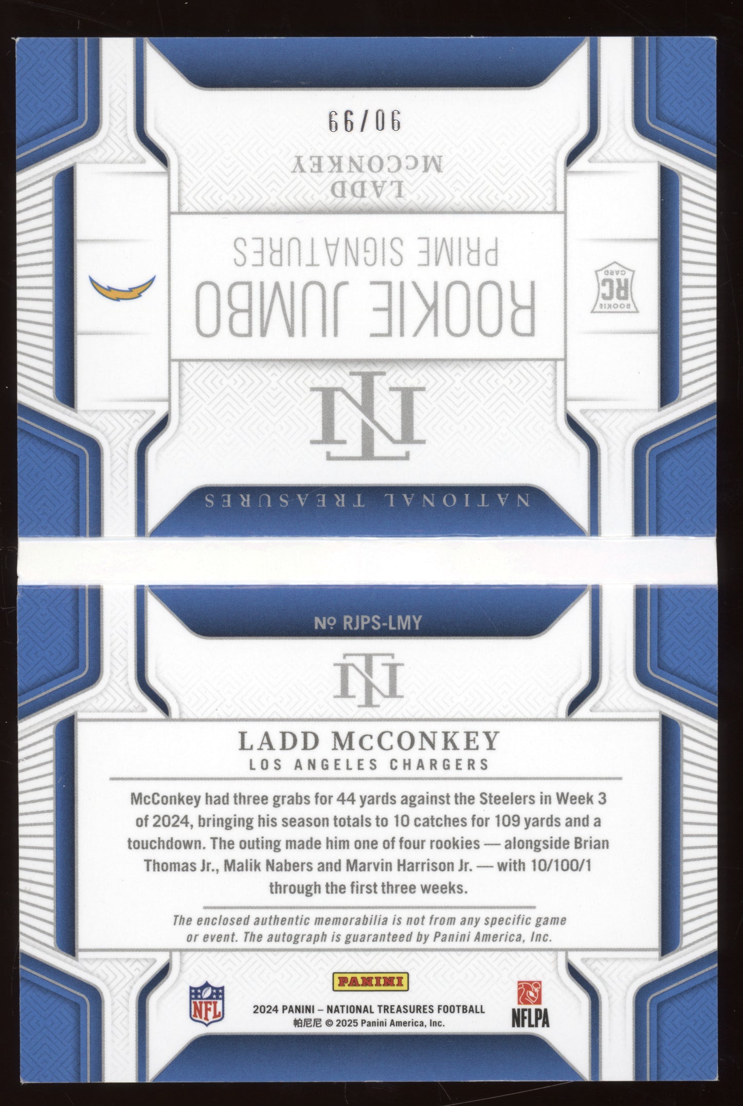 2024 National Treasures Ladd McConkey 90/99 Rookie Jumbo Prime Signatures RC