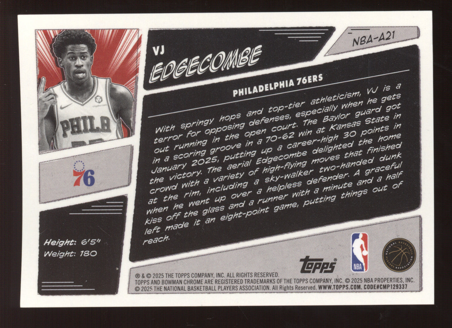 2025 Bowman Chrome Anime VJ Edgecombe #NBA-A21 06/10 RC
