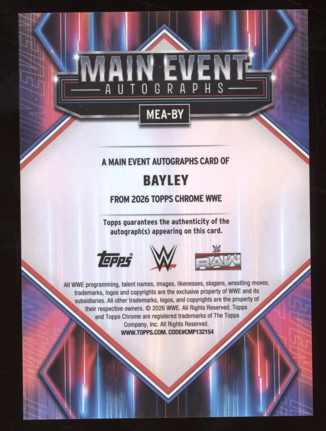 2026 Topps Chrome WWE Main Event Autographs Bayley #MEA-BY Gold Refractor 14/50