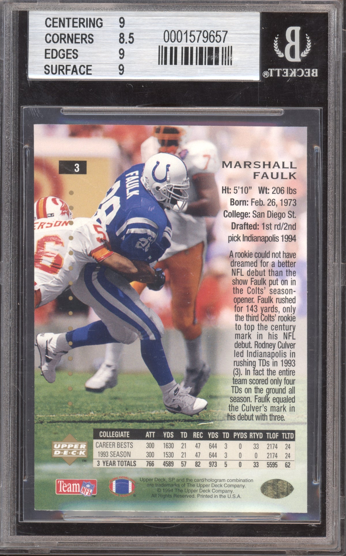 1994 Upper Deck SP Premier Prospects Marshall Faulk #3 BGS 9