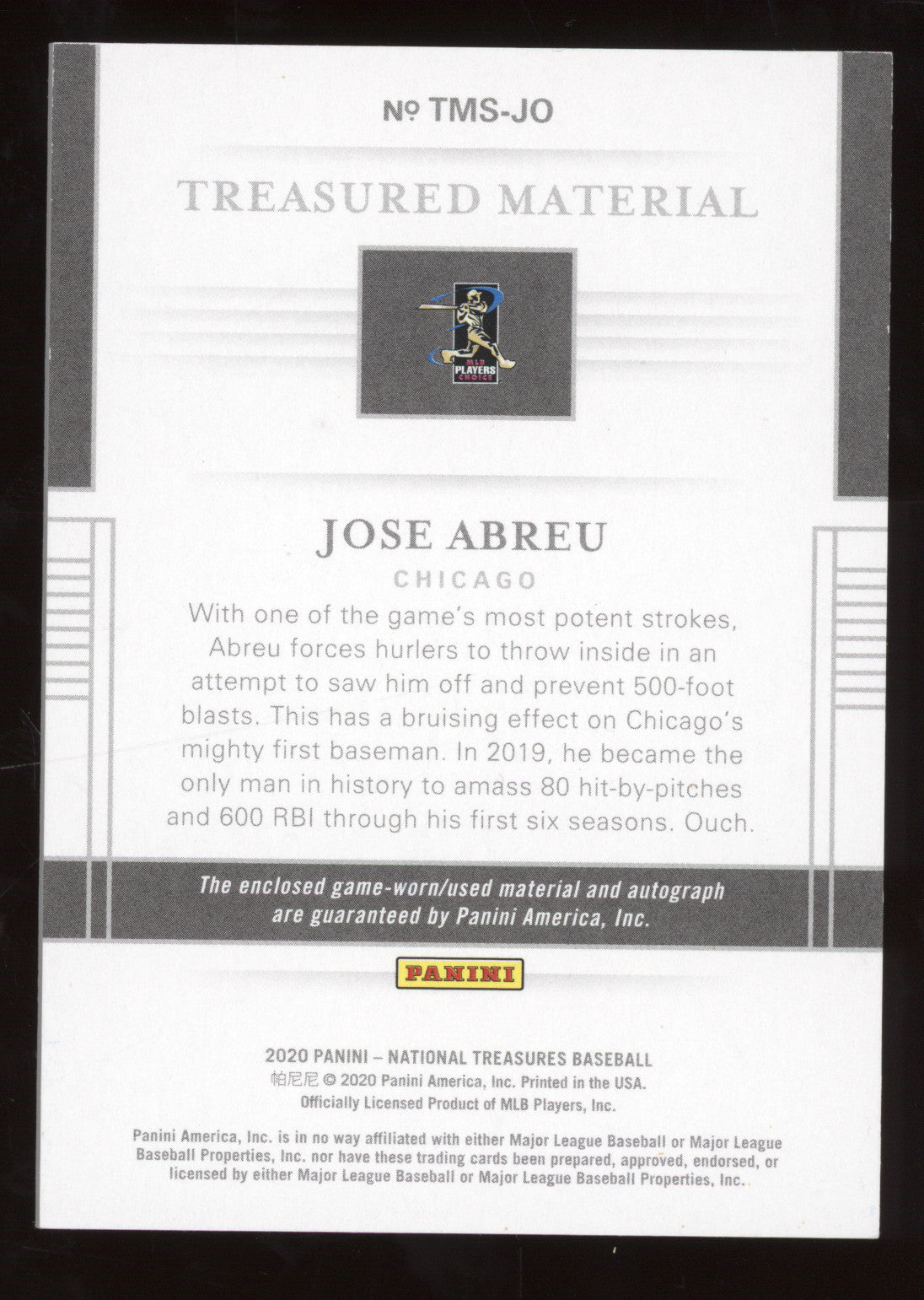 2020 Panini National Treasures Treasured Material Signatures Jose Abreu 05/15