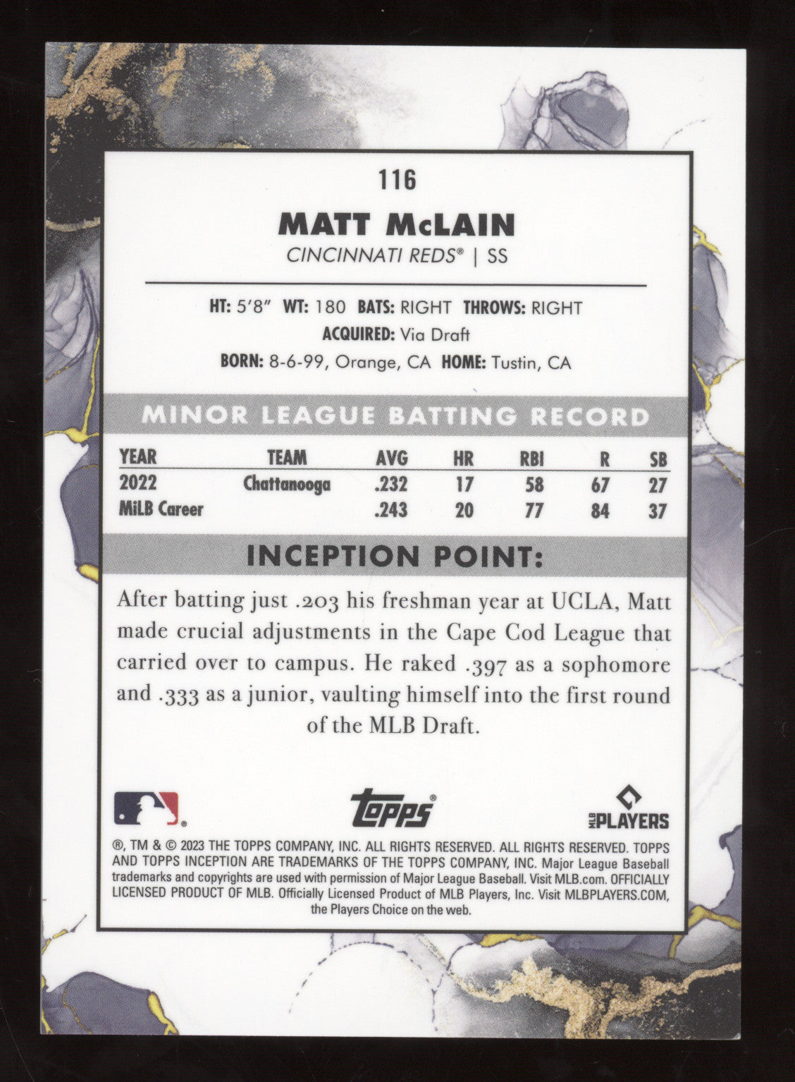 2023 Topps Inception Matt McLain #116 Orange RC 19/50