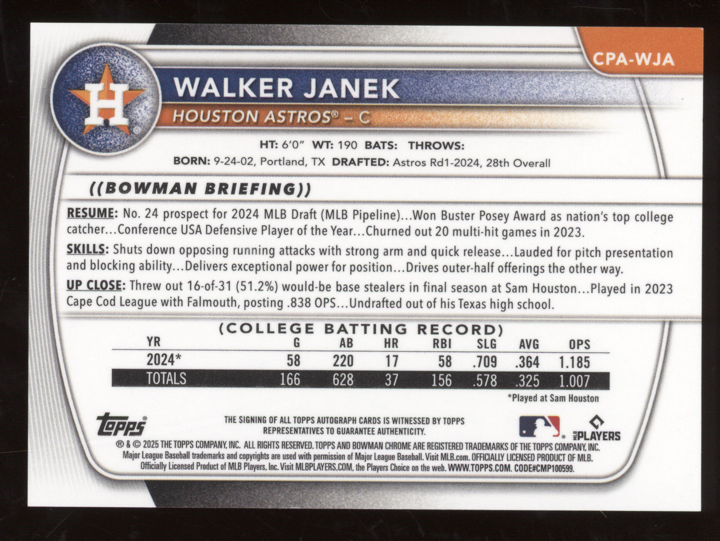2025 Topps Bowman Chrome Walker Janek #CPA-WJA Purple 145/250