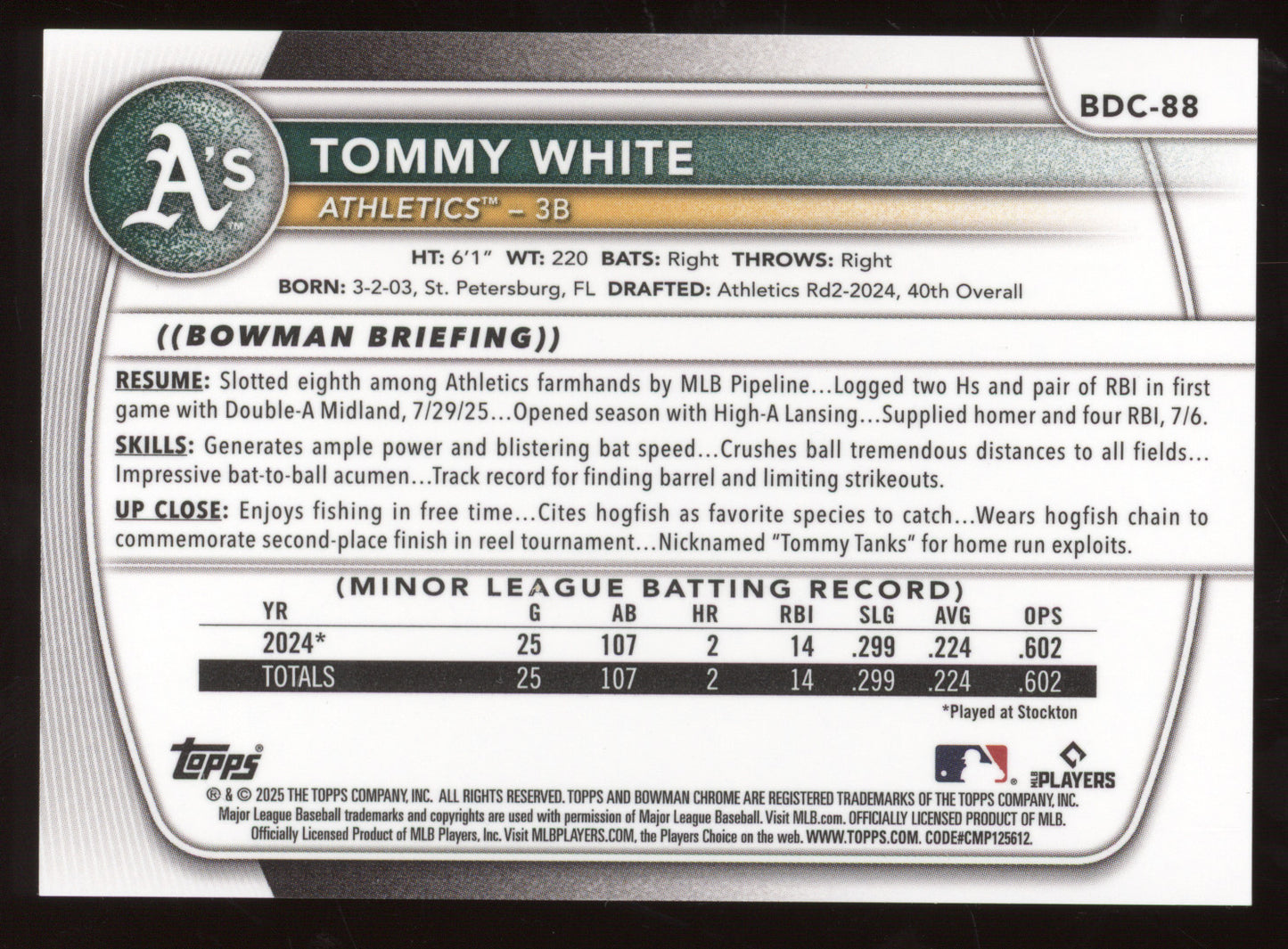 2025 Bowman Chrome Draft Tommy White #BDC-88 Refractor 34/35