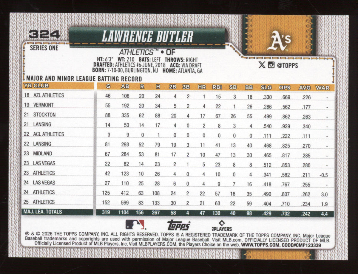 2026 Topps Series One Lawrence Butler #324 Photo Variation