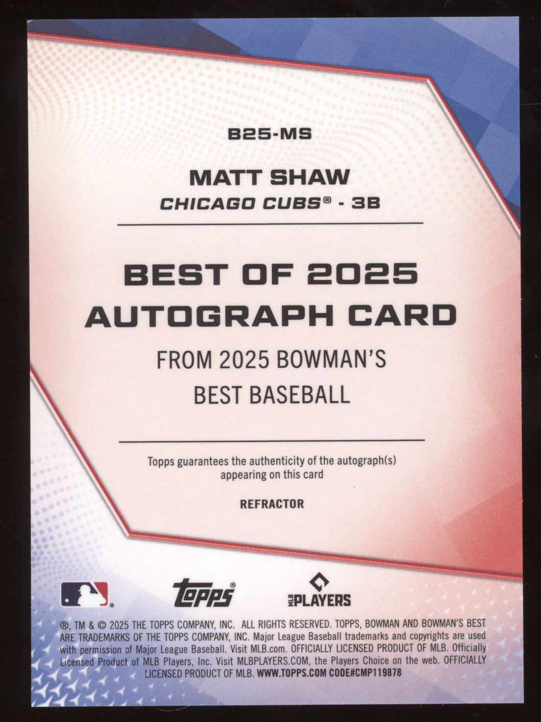 2025 Bowman's Best Autograph Card Matt Shaw #B25-MS Refractor RC
