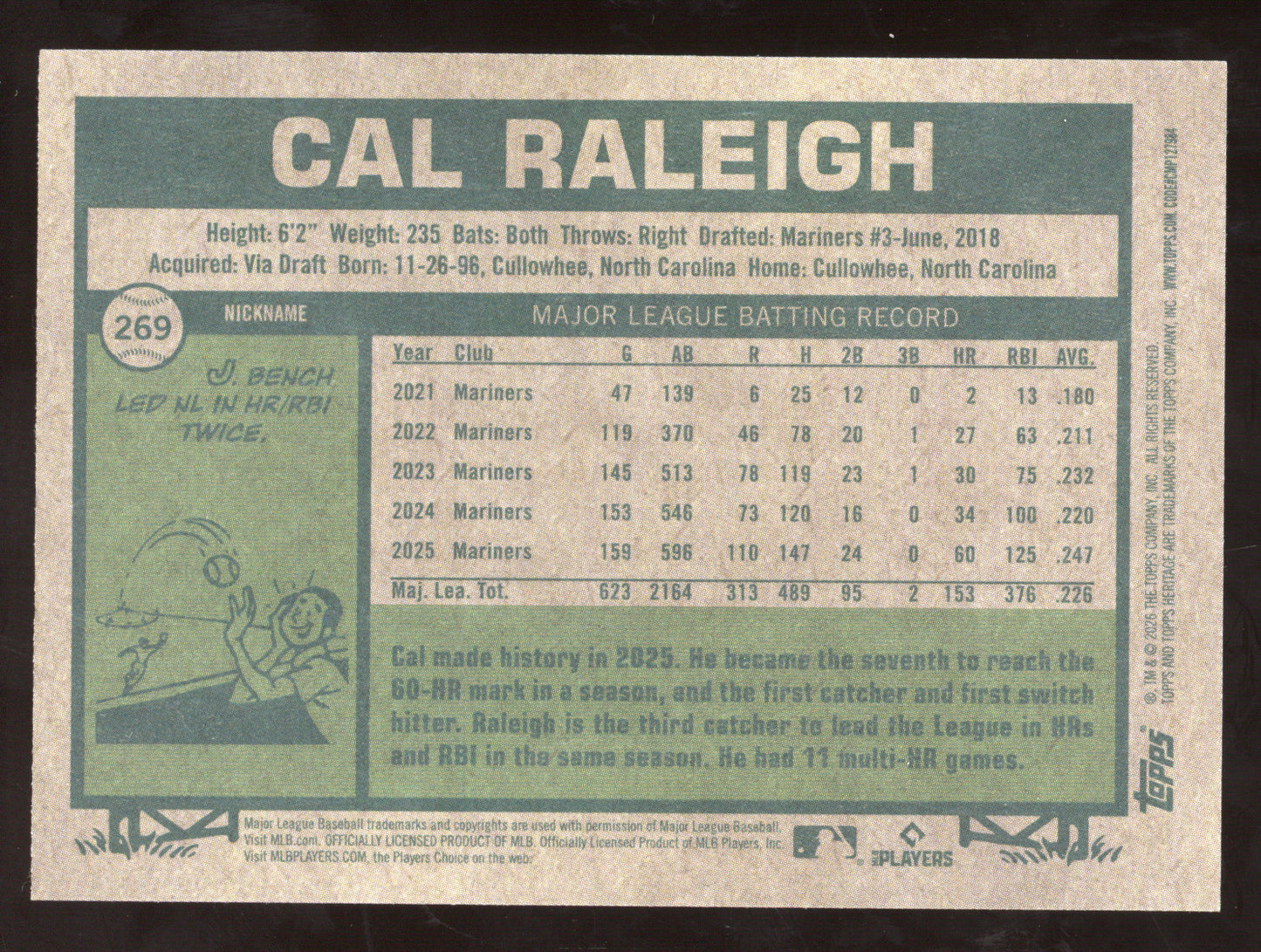 2025 Topps Heritage Cal Raleigh #269 Nickname Variation